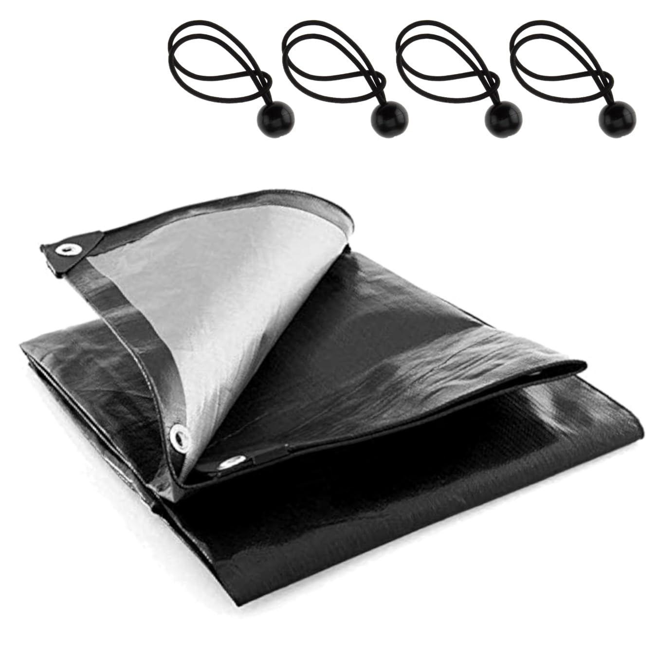 1.5 x 2 m Heavy-Duty Waterproof Black Tarpaulin 235 GSM with 4 Ball Bungees, Cover with Rubber-Reinforced Corners