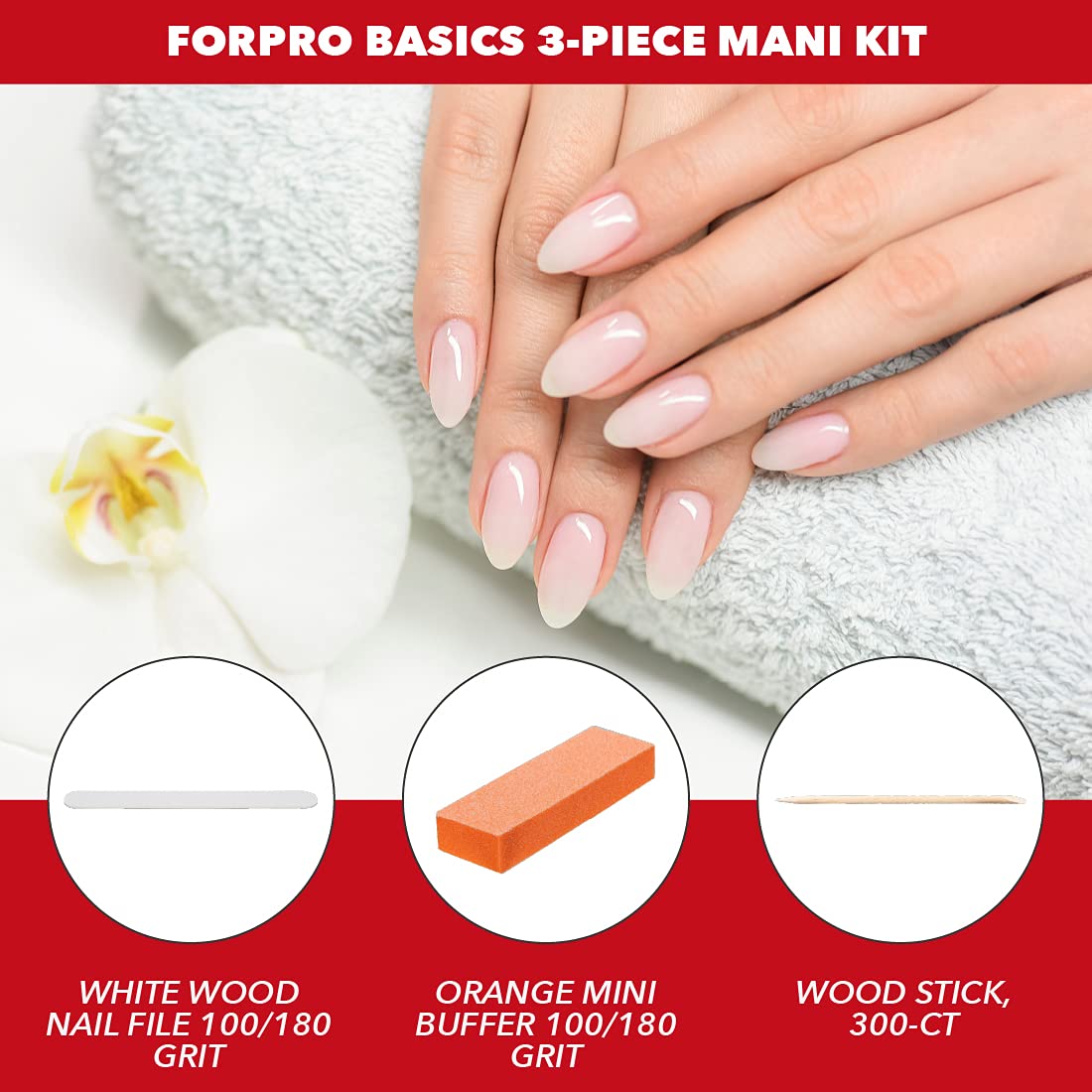 ForPro Basics 3Piece Manicure Kit, White Wood Nail File 100/180 Grit