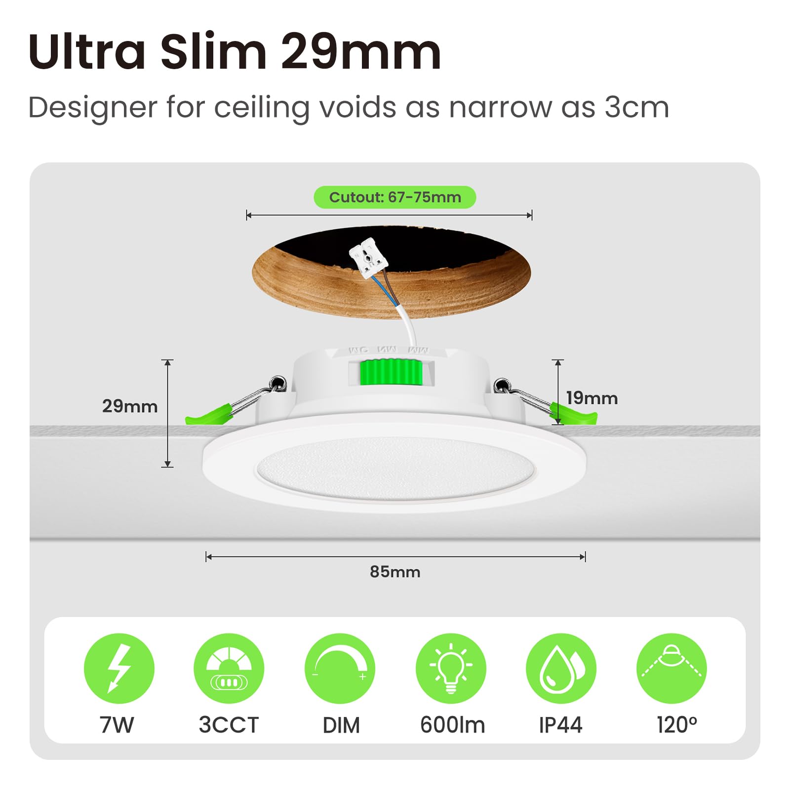 ALUSSO LIGHTING Downlight LED Techo Empotrable Regulable, 7W, Blanco Cálido 3000K/Blanco Neutro 4000K/Blanco Frío 6500K, Foco LED Empotrable 29 mm, Foco Para Baño IP44, Blanco, Juego de 12