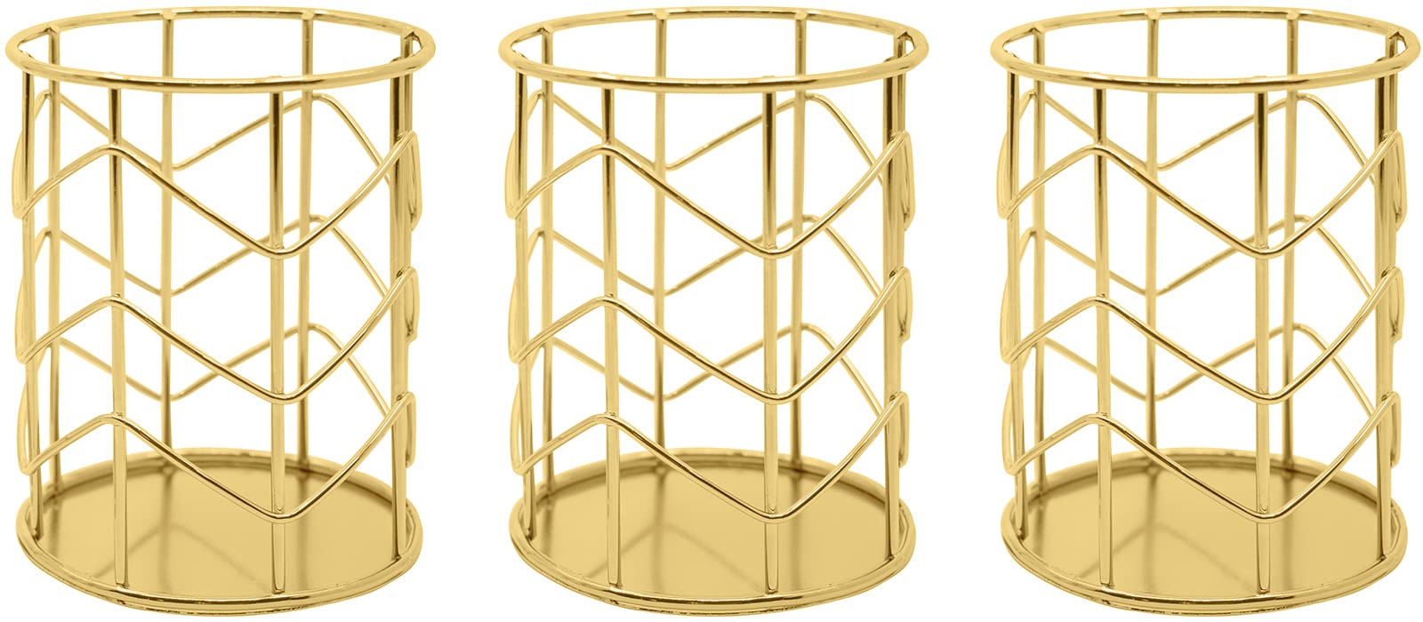 Stephanie Imports Set of 3 Metal Wire Pencil Cup or Makeup Brush Holder Organizer (Gold Zig Zag Pattern)