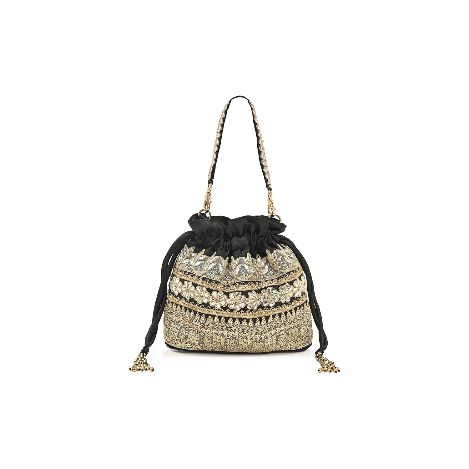 boho girl Riwaayat Royale Potli Bag Elegant Black Women Bag with Golden Sequin Embellishments Floral Geometric Design Drawstring Closure with Tassel Detachable Handle Festive Wedding Party Clutch-picture-31