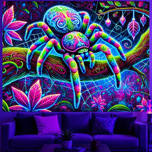 Image of BlissYard Neon Spider Forest Fantasy UV Black Light Tapestry 78x59 Inches Art Color Neon Light Background Bedroom Living Room Wall Party Decoration Psychedelic Web Nature Jungle Creepy Cool Decor