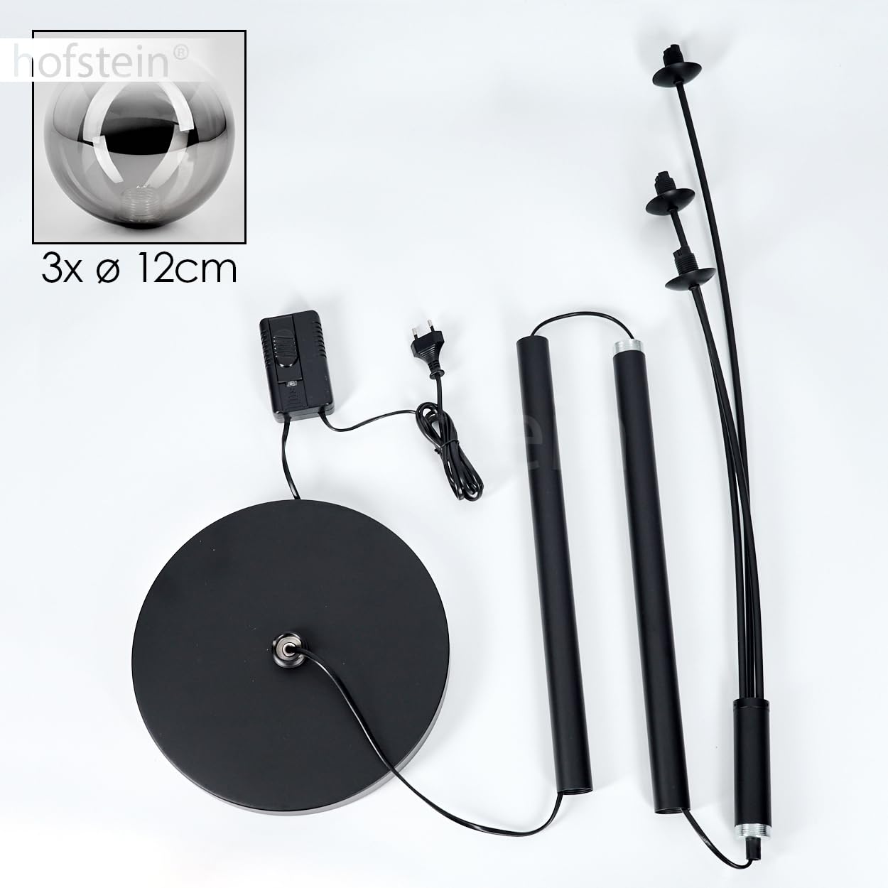 Stehleuchte Bernado, Stehlampe aus Metall/Glas in Schwarz/Rauchfarben/Klar, Leuchte im modernen Retro/Vintage-Design mit Schirmen aus Glas (Ø 12cm), dimmbar über Fußschalter, 3x G9, ohne Leuchtmittel