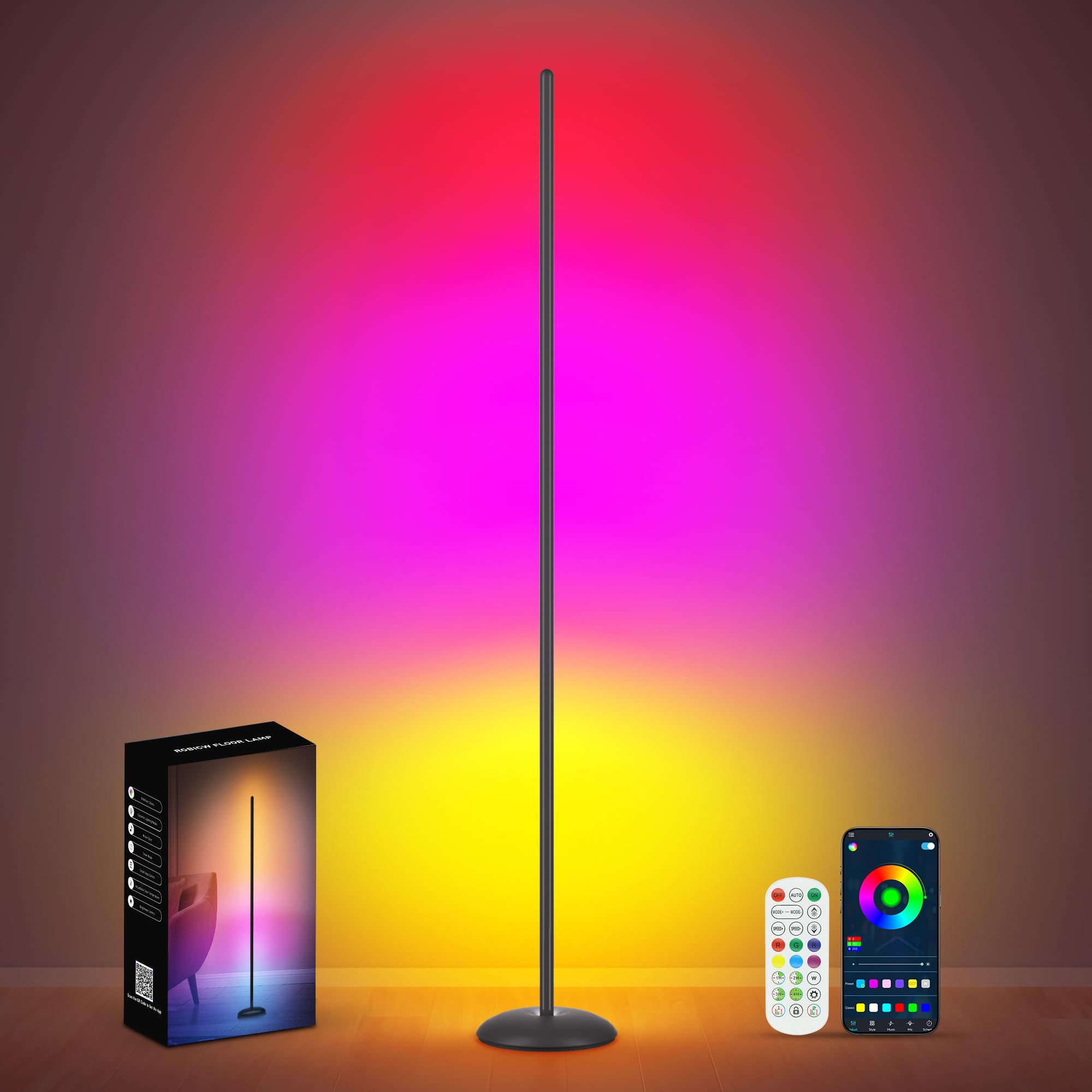 led corner floor lamp, rgb led corner lamp with app & remote, smart floor lamp with 16 million colors, music sync, scene modes, color changing standing lamps for living room, bedroom