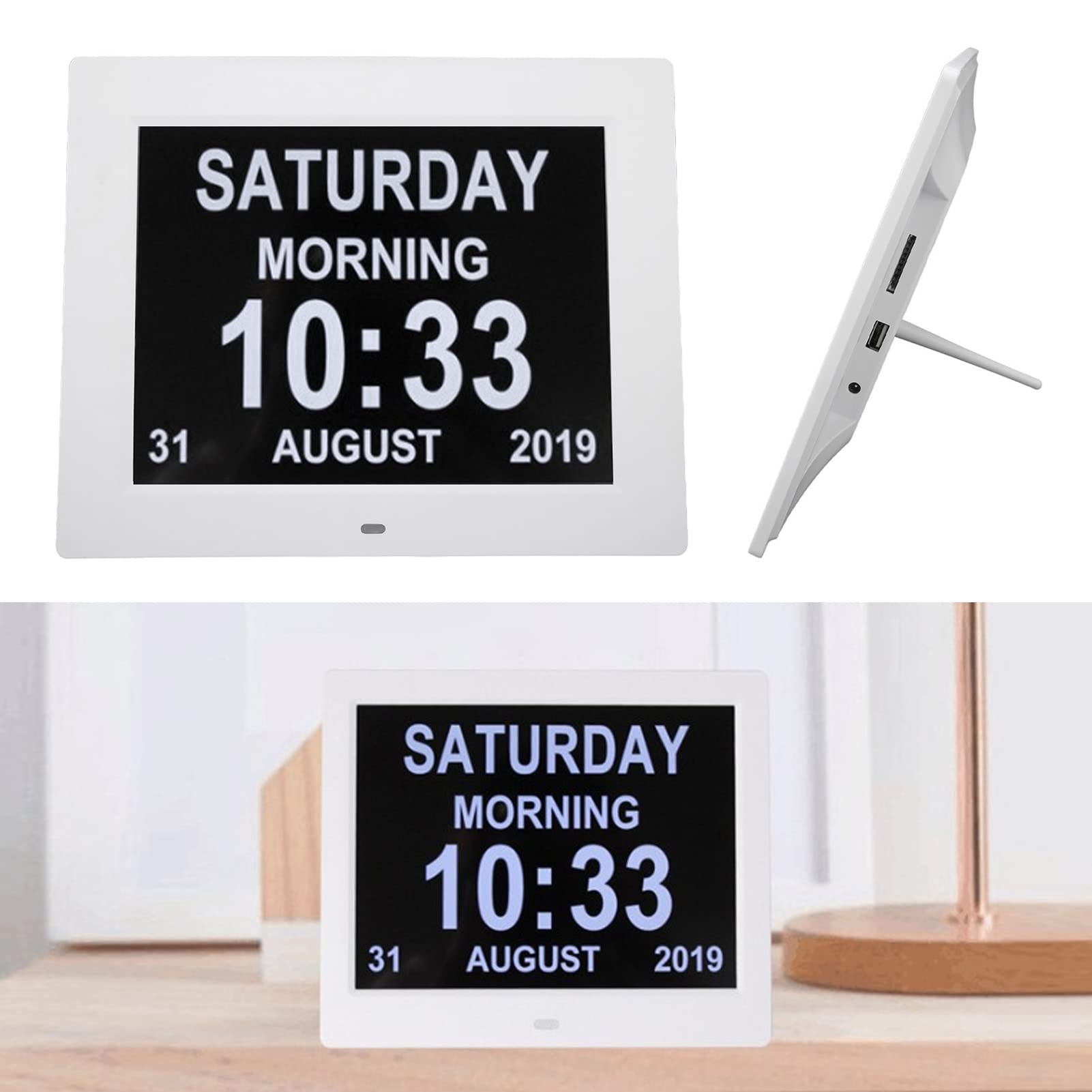 Orologio Calendario Digitale da 10 Pollici con Promemoria Farmaci, Facile da Leggere, 8 Lingue, Oscuramento Automatico, Facile da Usare per Anziani, Demenza, Bianco (Spina europea)