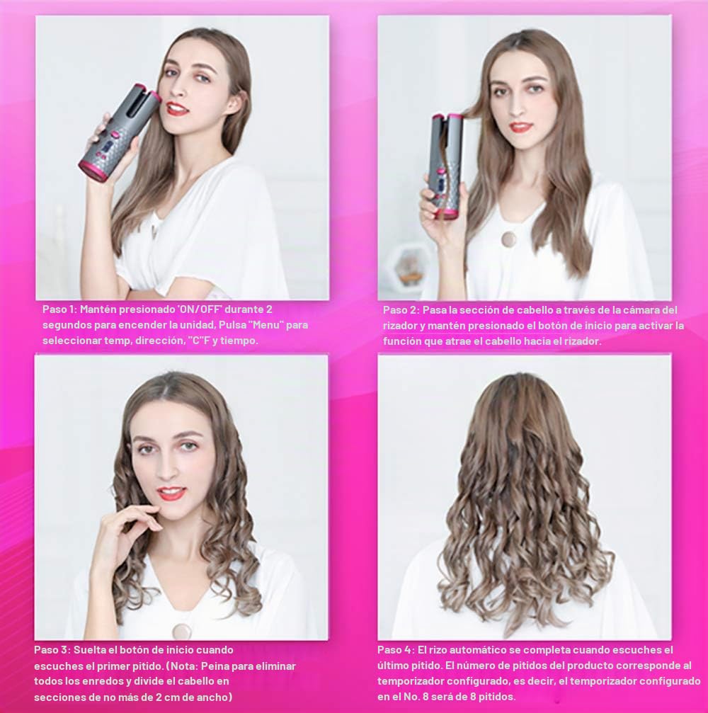 Rizador pelo Automático, Inalámbrico, Ondas, Ondulador Rizos, Portátil Barril de Cerámica de Calentamiento Rápido con Temperatura y Temporizador Ajustables.