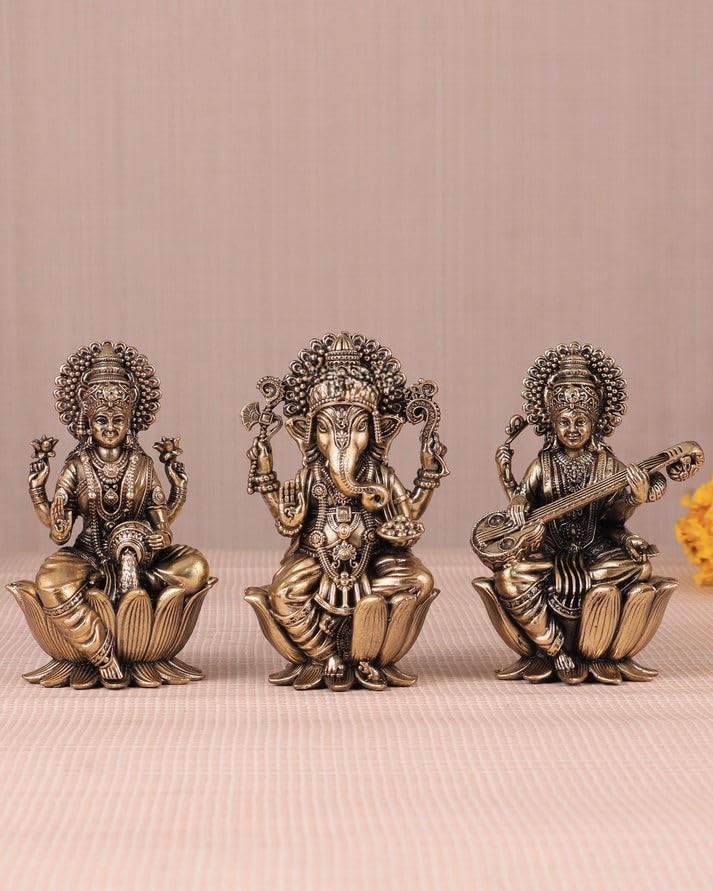 UGRA Lakshmi Ganesha Saraswati - Estatuas de latón de 5 cm, tamaño pequeño, ídolos Laxmi Ganesh Saraswati para Diwali Puja, estatuas de dioses hindúes.
