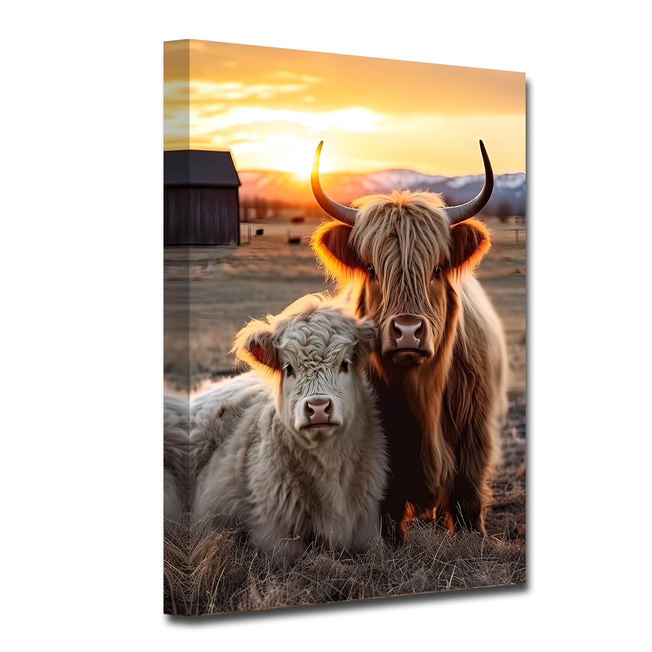 CXHOSTENT Highland Cow Canvas Wall Art Farmhouse Wall Decor Rustic Farm Animal Painting Cattle Picture Prints for Bathroom Kitchen Decor Framed (Cow-1