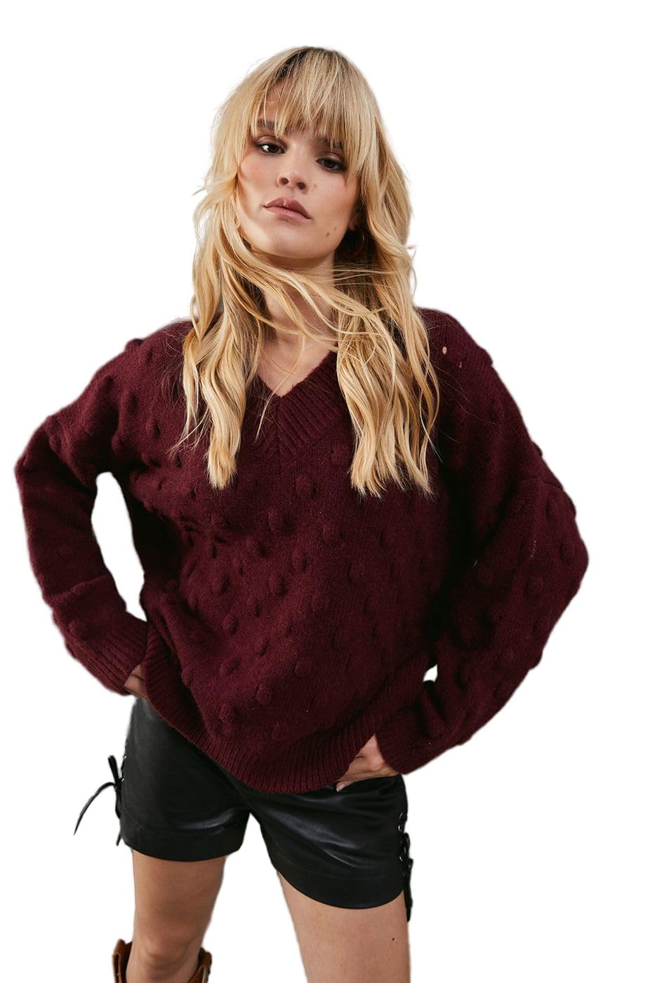 WAREHOUSE Bubble Knit Slouchy V Neck Jumper, M, Wine