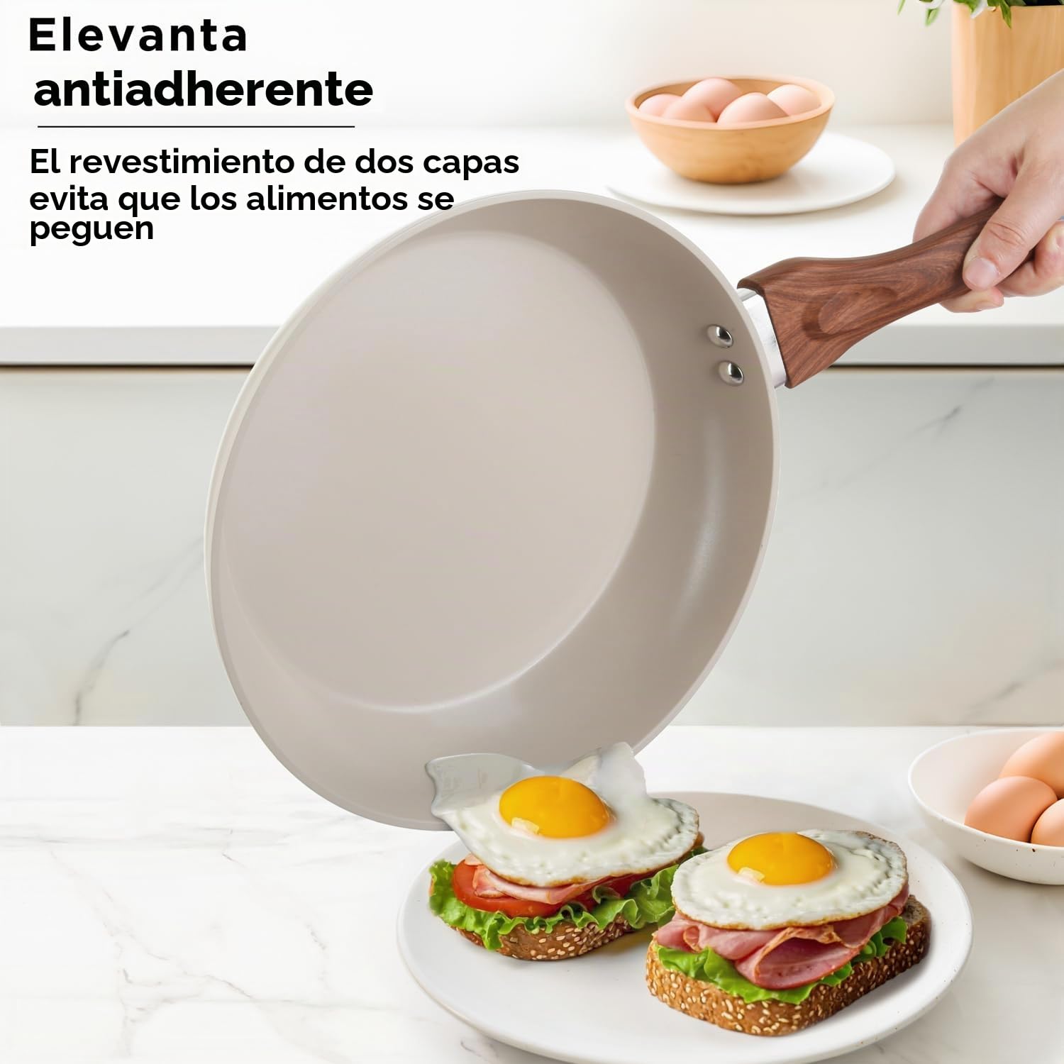 KASANOVA Batería de cocina New Ceramic, Set de ollas y sartenes antiadherentes con revestimiento cerámico, aptas para inducción (crema, 8 piezas)