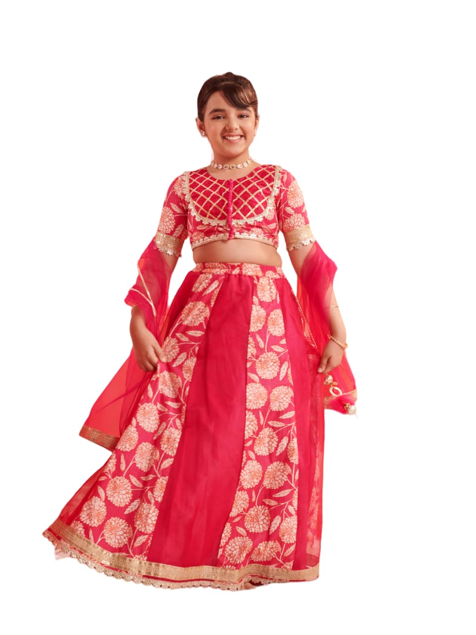 Pspeaches Girl's Silk Blend 1 Lehenga, 1 Choli, 1 Dupatta (L-Mgorganzapanel-15- Magenta_15-16Y)