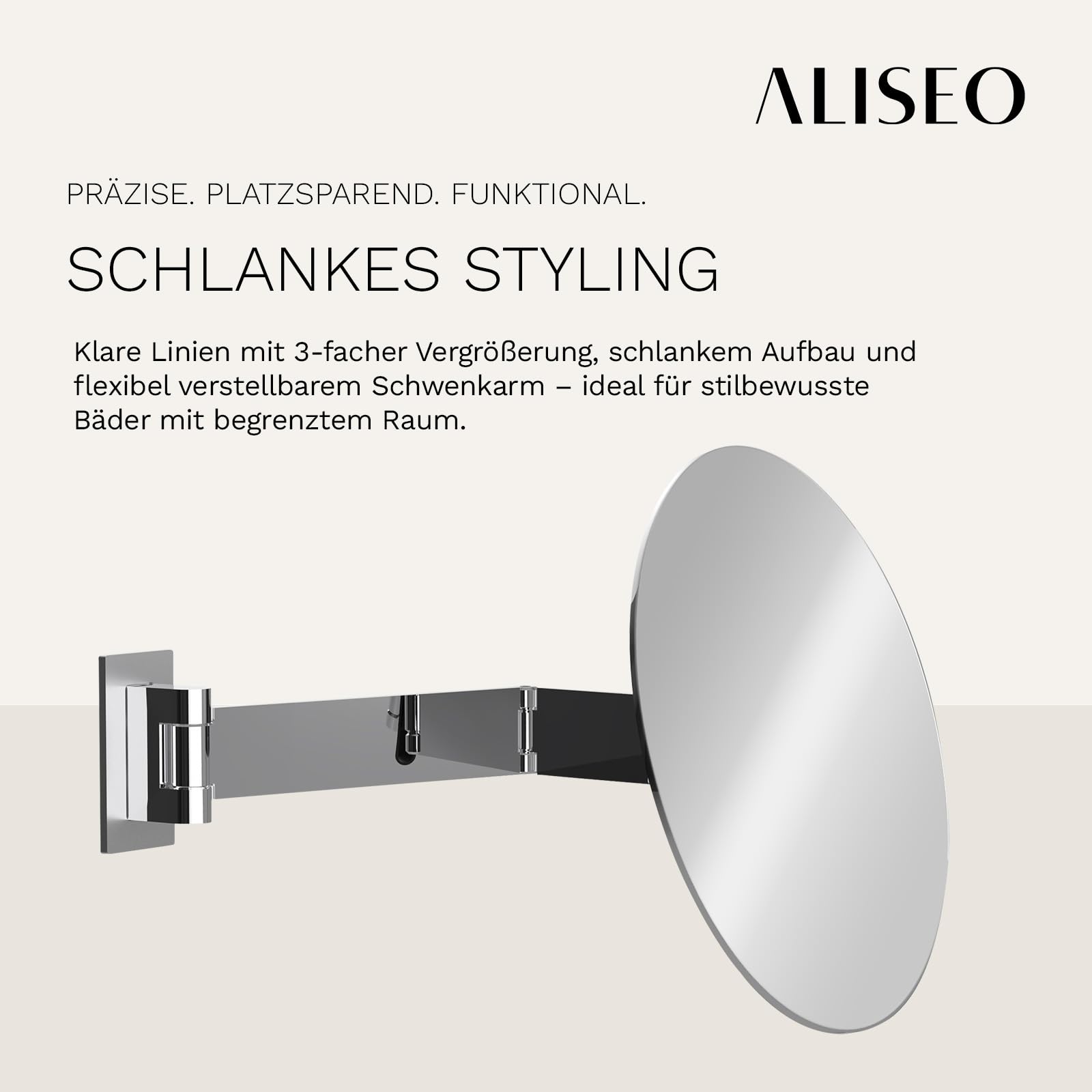 ALISEO FACE - Spiegel am Doppelschwenk-Arm - 3-Fach Vergrößerung, schwenkbar, rund ø 200 mm, Chrom