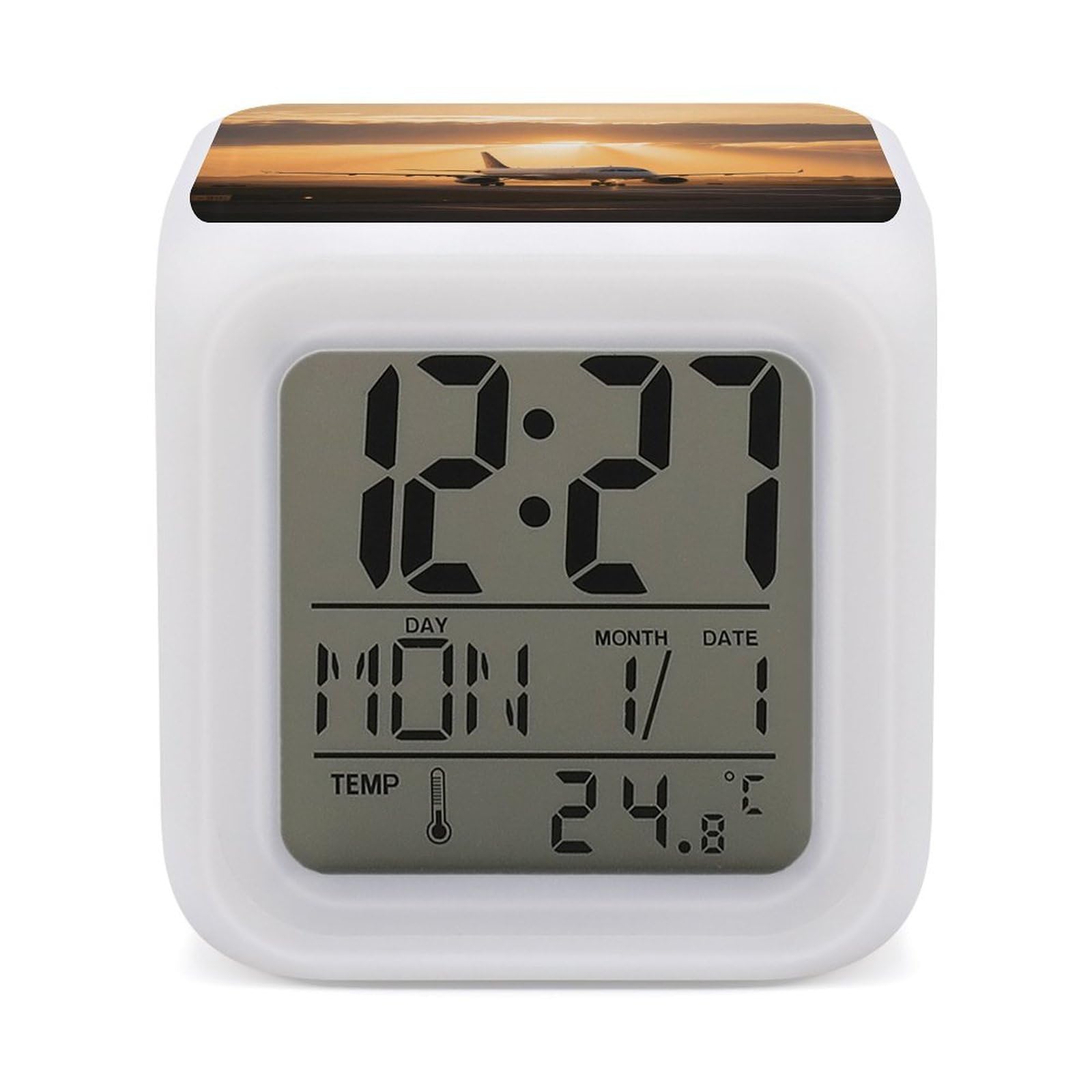 7 Color Ambient Night Light Cube Battery Operated Airplane at Sunset Digital Clock with Snooze Temperature LED Digital Alarm Clocks Dimmable Wake Up Light Portable Mood Lamp for Bedroom Desk Gift