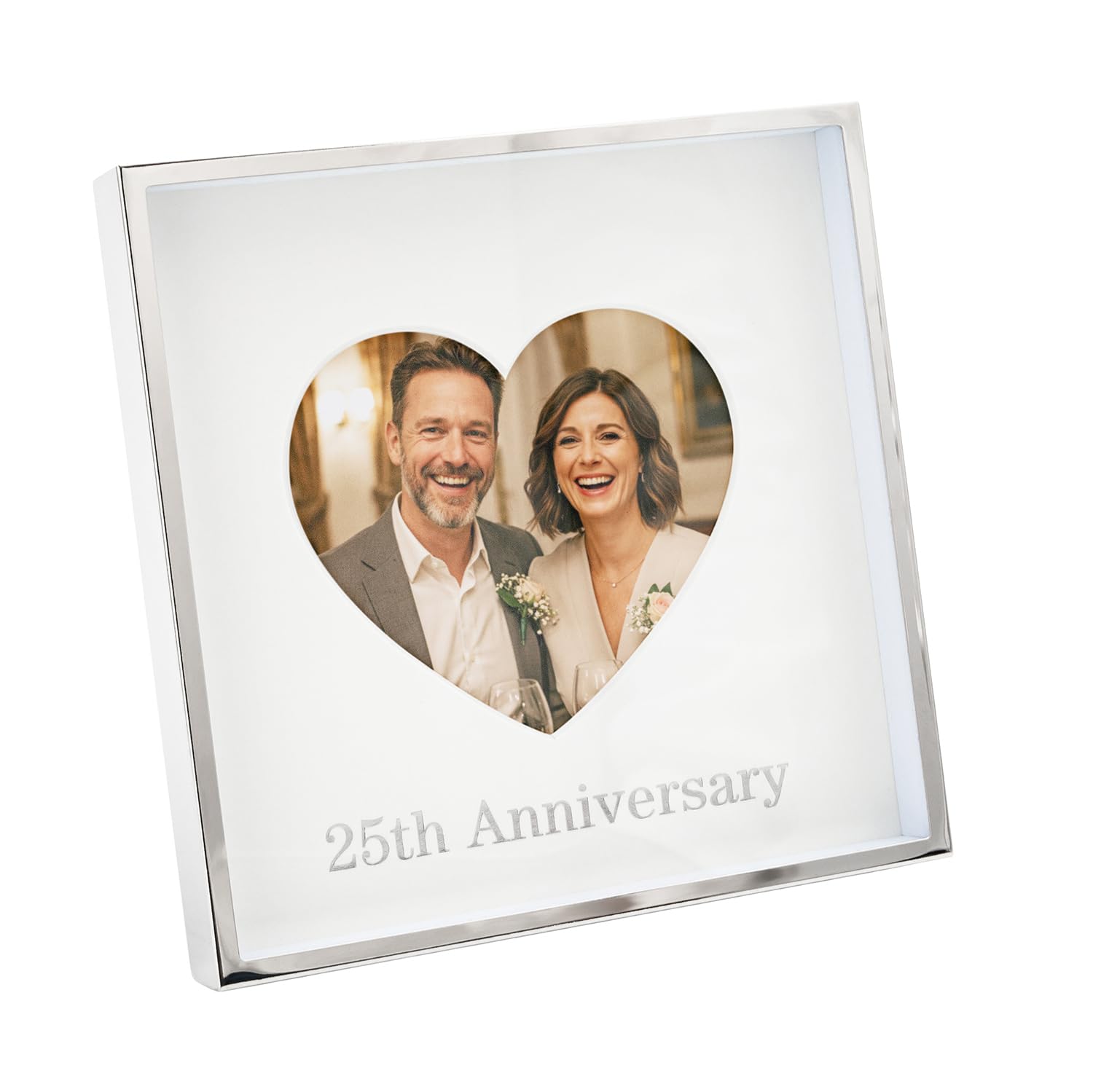 25th Anniversary Heart Photo Frame - 4x4 Picture Size - Nickel Plated Silver