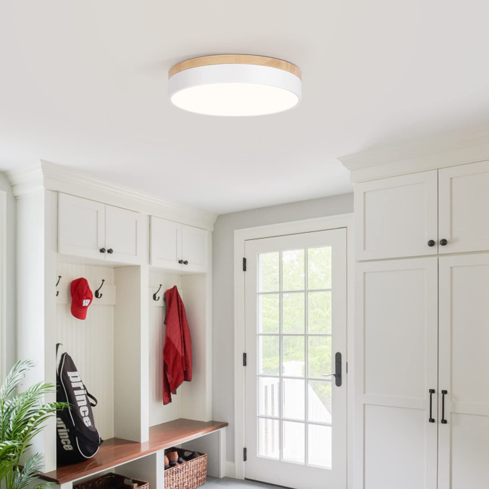 Woknos Modern Dimmable LED Close to Ceiling Light, Minimalist Wood Oak Style Flush Mount Ceiling Light Fixture, Circle Lighting for Bedroom Bathroom Laundry Room Porch Kitchen(White, 11.8'')