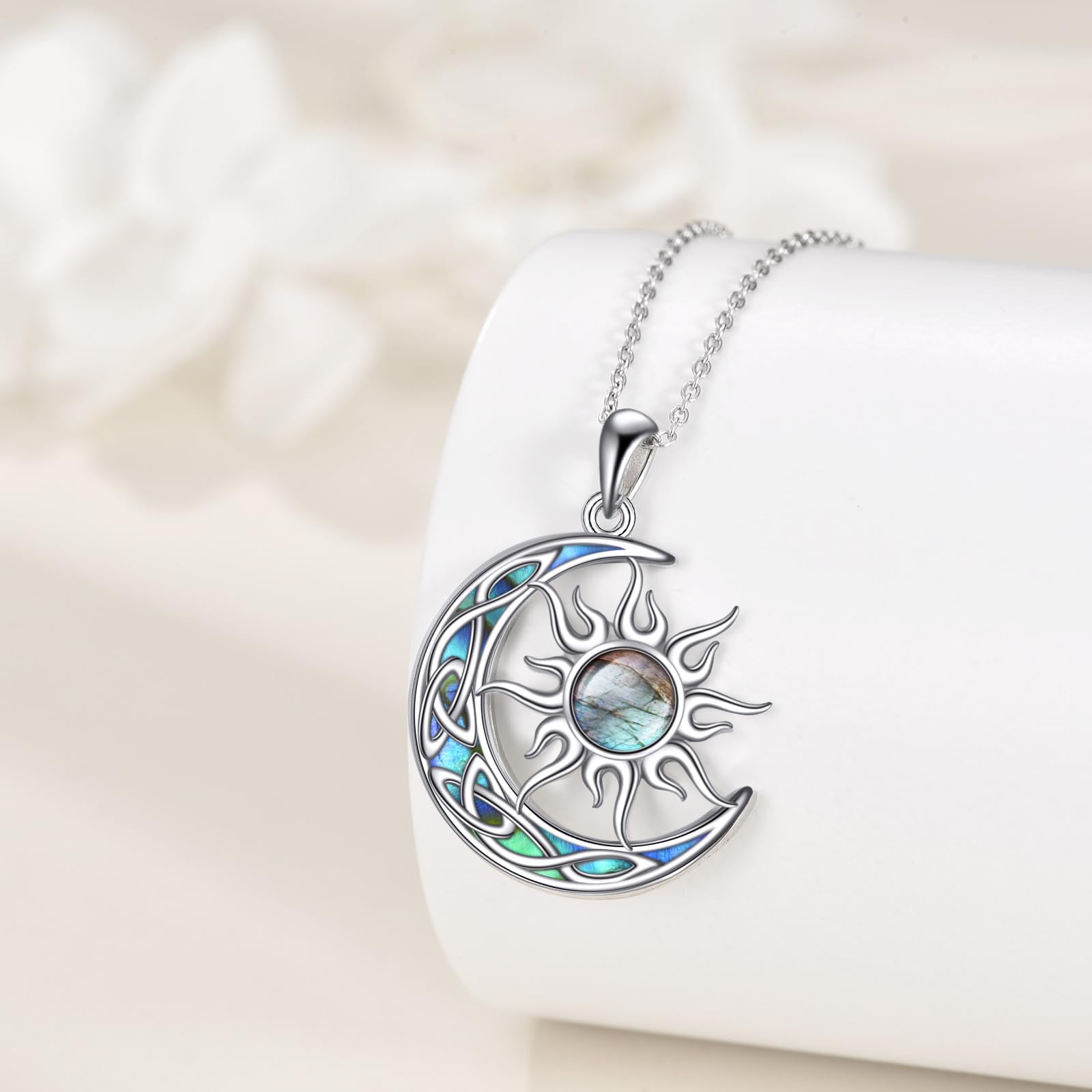 YAFEINI Sonne und Mond Kette Damen 925 Sterling Silber Opal Keltischer Mond Anhänger Halskette Mondstein Sonne Schmuck Geschenk