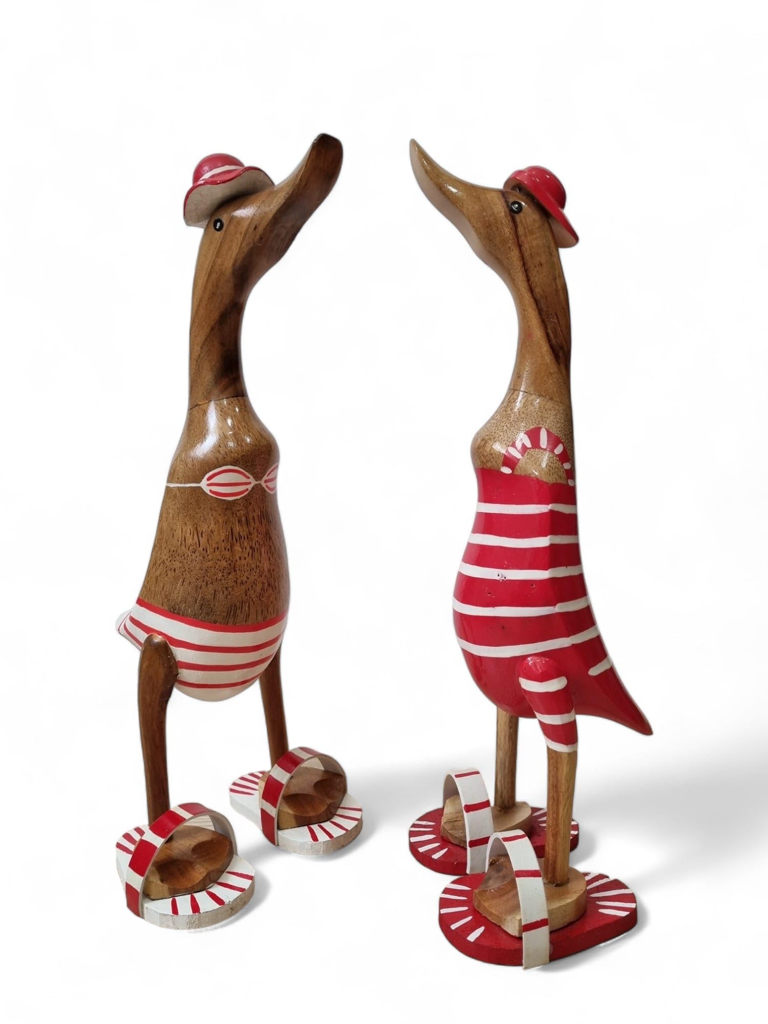 Bambus Holz Bade Enten Paar - 2er Set - Bambus Enten in verschiedenen Farben - 42cm Enten im Badehose und Bikini (Rot)