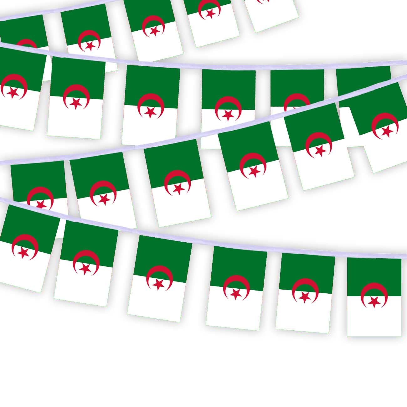 Lot de 30 drapeaux de chaîne de drapeaux de l'Algérie, 10 mètres drapeaux à corde rectangulaires algériens, bannières décoratives utilisées pour décorer les cours String Algeria
