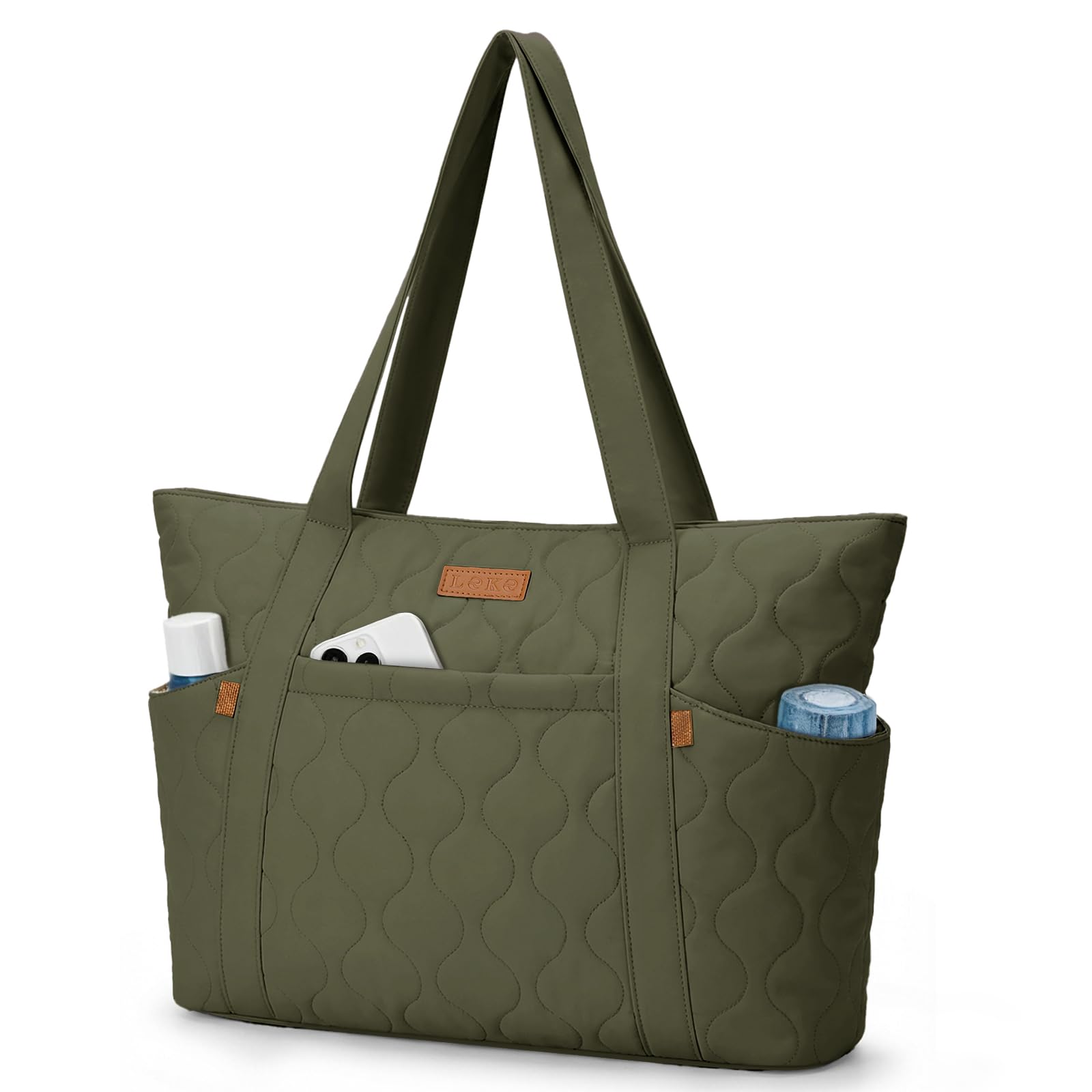 Bolso Tote Mujer Grande, Bolso Shopper Acolchado Ligero con Compartimento para Portátil de 15,6", Bolsa de Hombro con 8 Bolsillos para Trabajo, Universidad y Viaje
