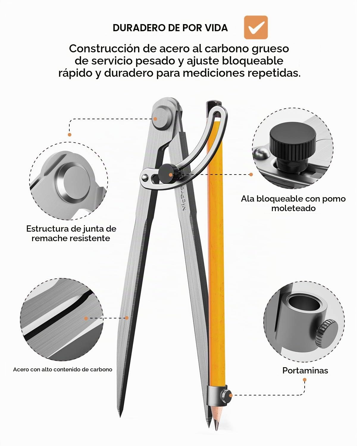 Nicpro Compás Profesional para Carpintería de 8 Pulgadas para Construcción de Ingeniería, Geometría, Dibujo