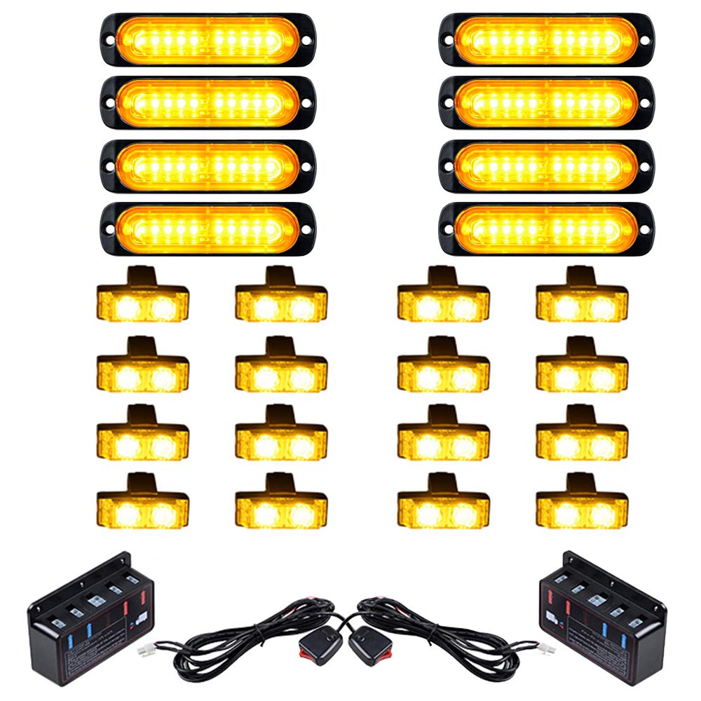 Astra Depot 8pcs Ultra-thin 10-LED Amber High Power Surface Mount Waterproof 12V-24V Emergency Strobe Warning Flashing Light and 16pcs Amber 2-LED Flash Strobe Light Bar Control Box