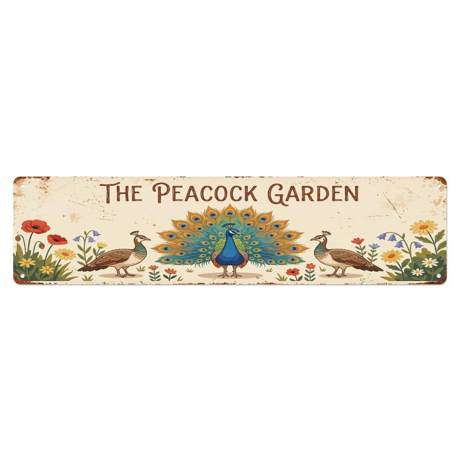 Metal Tin Sign Vintage Peacock Family Farm Scene THE PEACOCK GARDEN