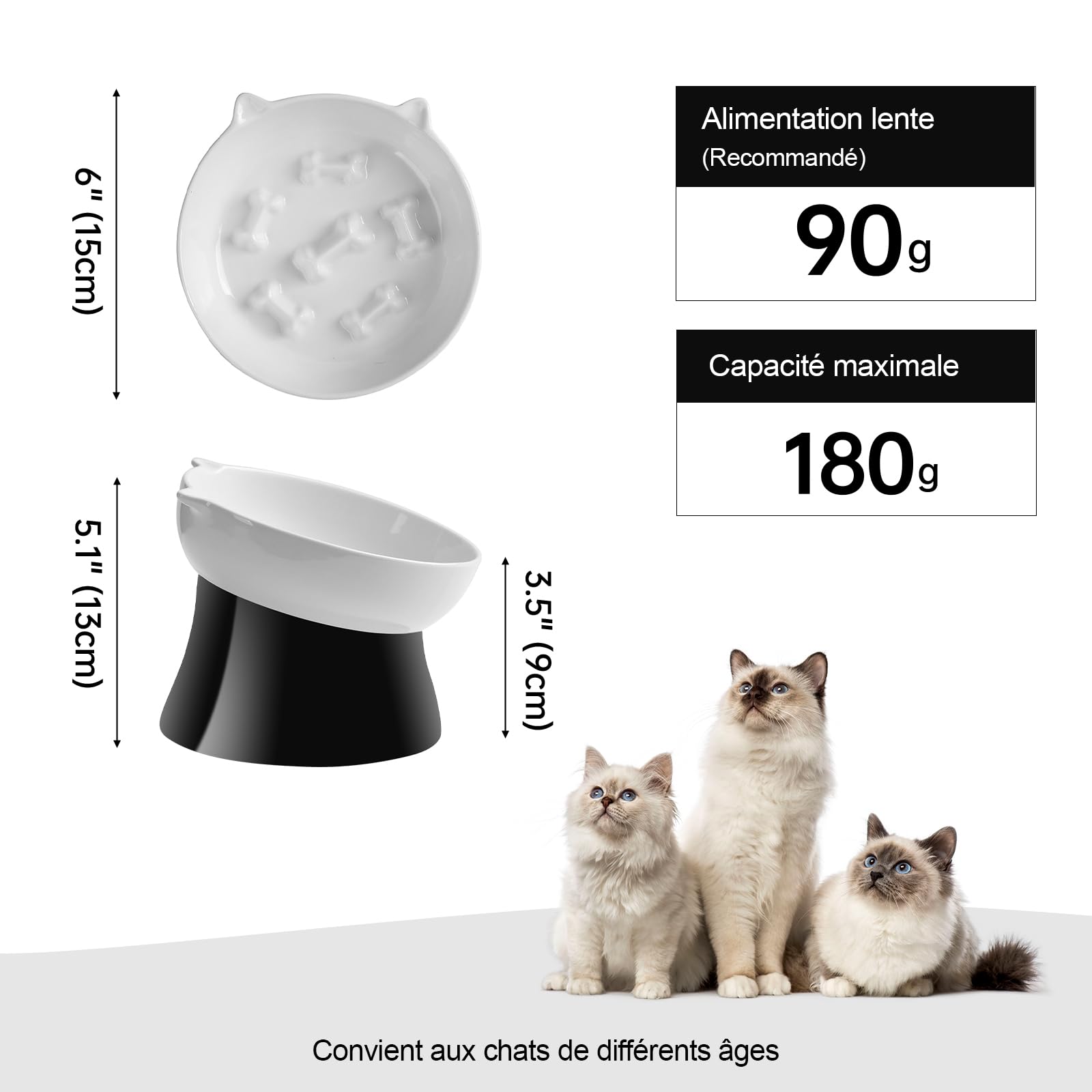 Gamelle Anti-glouton surélevée pour Chat en céramique - Bol Labyrinthe incliné pour Alimentation Lente et Anti-vomissement - Noir et Blanc