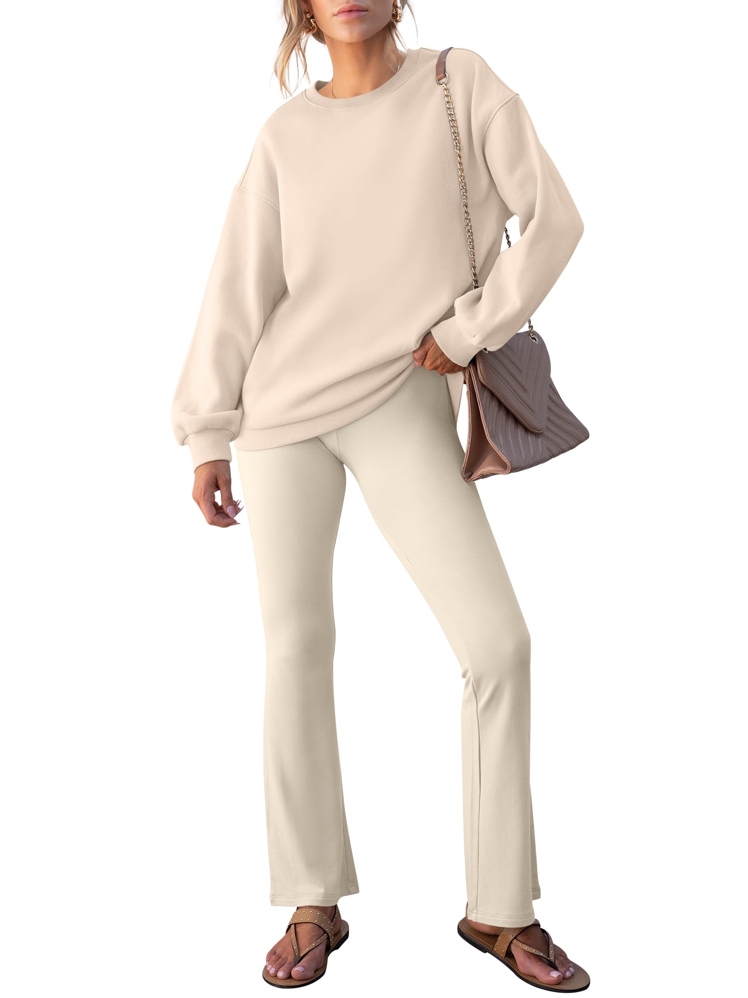 ANRABESS Women 2 Piece Sweatsuits Lounge Set Oversized Fleece Crewneck Sweatshirts Flare Pants 2025 Fall Outfits Clothes