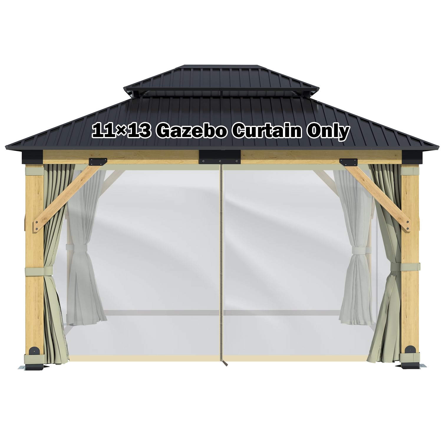 GARTOO 11' x 13' Hardtop Gazebo Curtains Part - Outdoor Wooden Hardtop Patio Gazebo Canopy Screens Walls with Zipper, Fully Enclosed Zip Curtain and Breathable Mesh