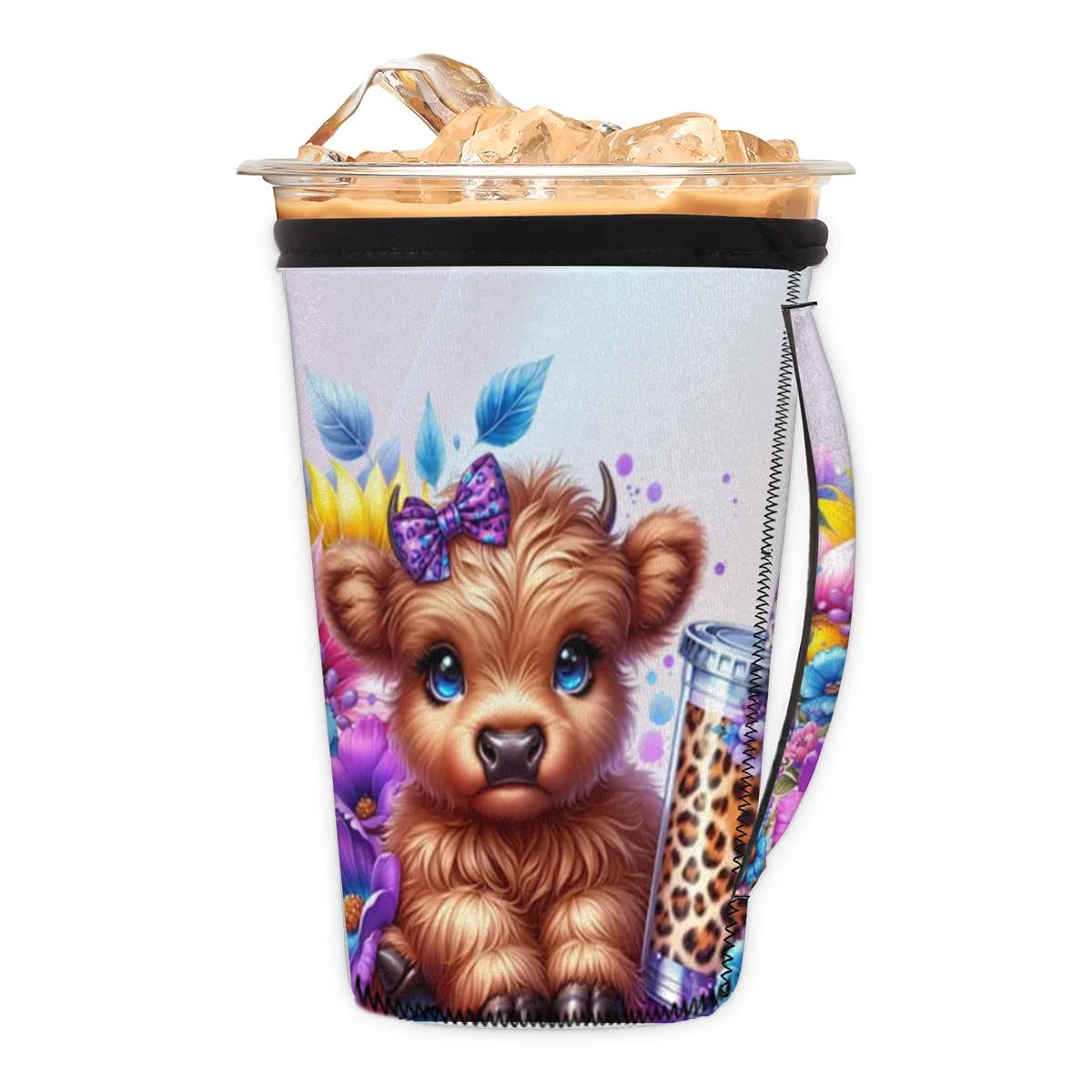 Reusable Iced Coffee Sleeve Cute Highland Cow With Handle Neoprene Ice Insulator Coffee Cup Sleeves Cold or Hot Drink Holder Compatible Large 30-32 OZ