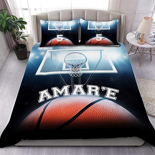 Juego de ropa de cama personalizado de baloncesto con nombre y número de fuego y agua, decoración de dormitorio de baloncesto para niños, 1 funda de