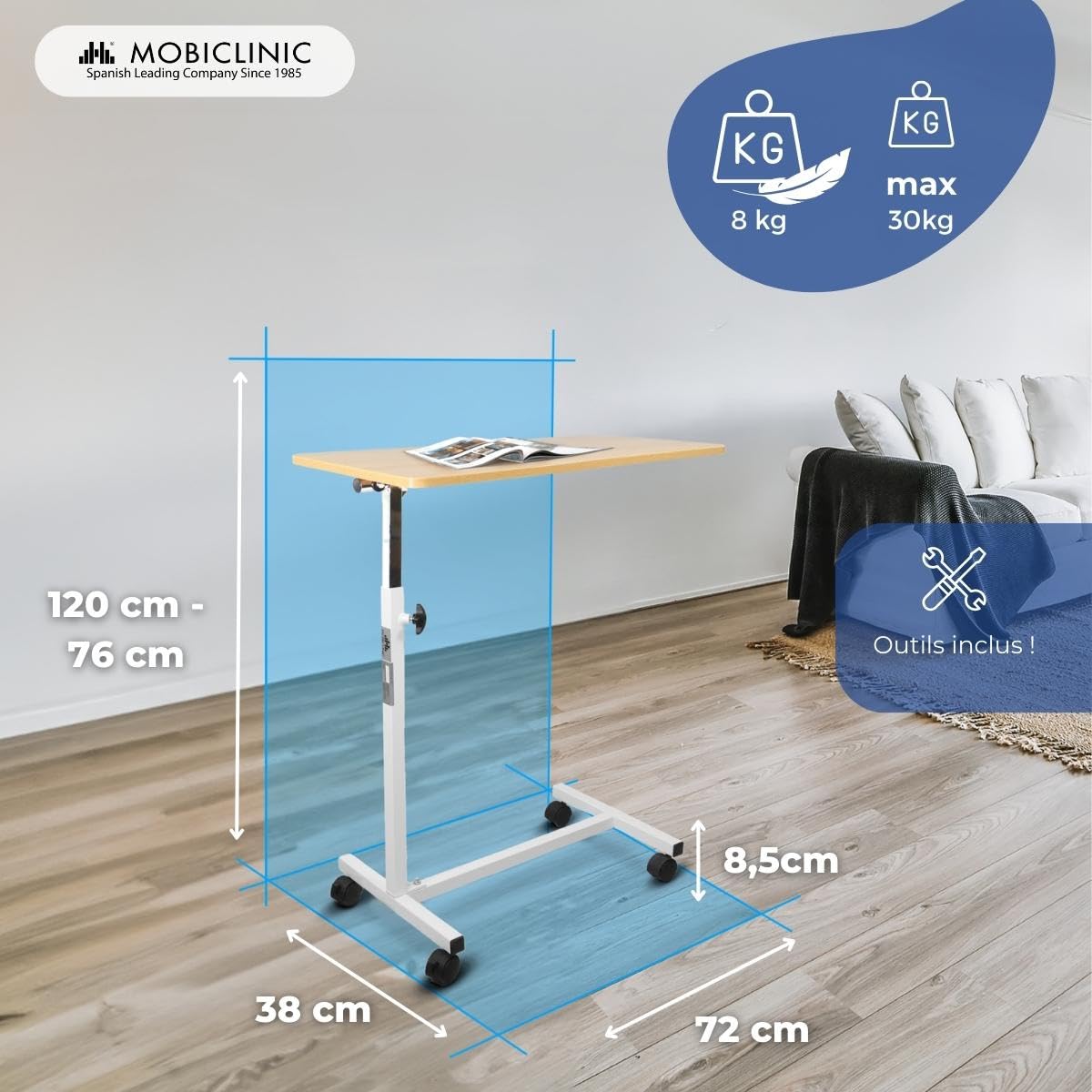 Mobiclinic® Table de lit a Roulette, Meseta, Acier, Marque européenne, Freins sur Les Deux Roues arrière, Hauteur réglable, Portable, pour Personnes àgées, Handicapées