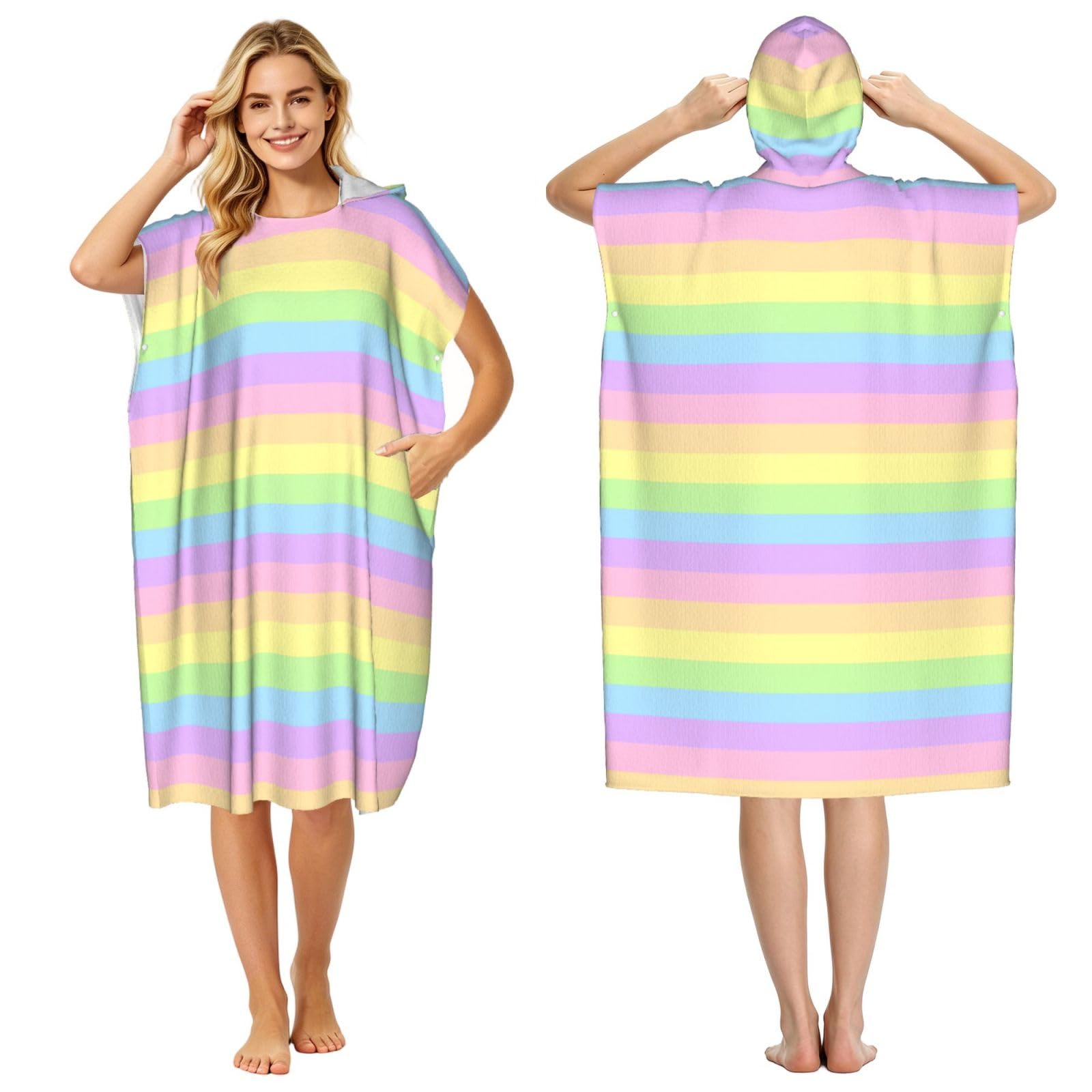Poadnly Pastel Rainbow Striped, Adult Hooded Beach Towel 90 x 110 cm,Changing Bath Robe, Surf Poncho Towel For Women Men