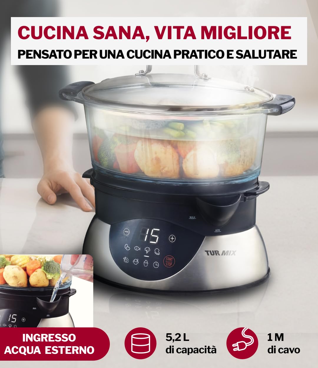 Turmix Steamer CX 220 – Vaporiera con pentola da 5,2 L con contenitori in vetro e display digitale, comando touch, funzione di mantenimento in caldo, avvio ritardato, programma yogurt, ingresso acqua