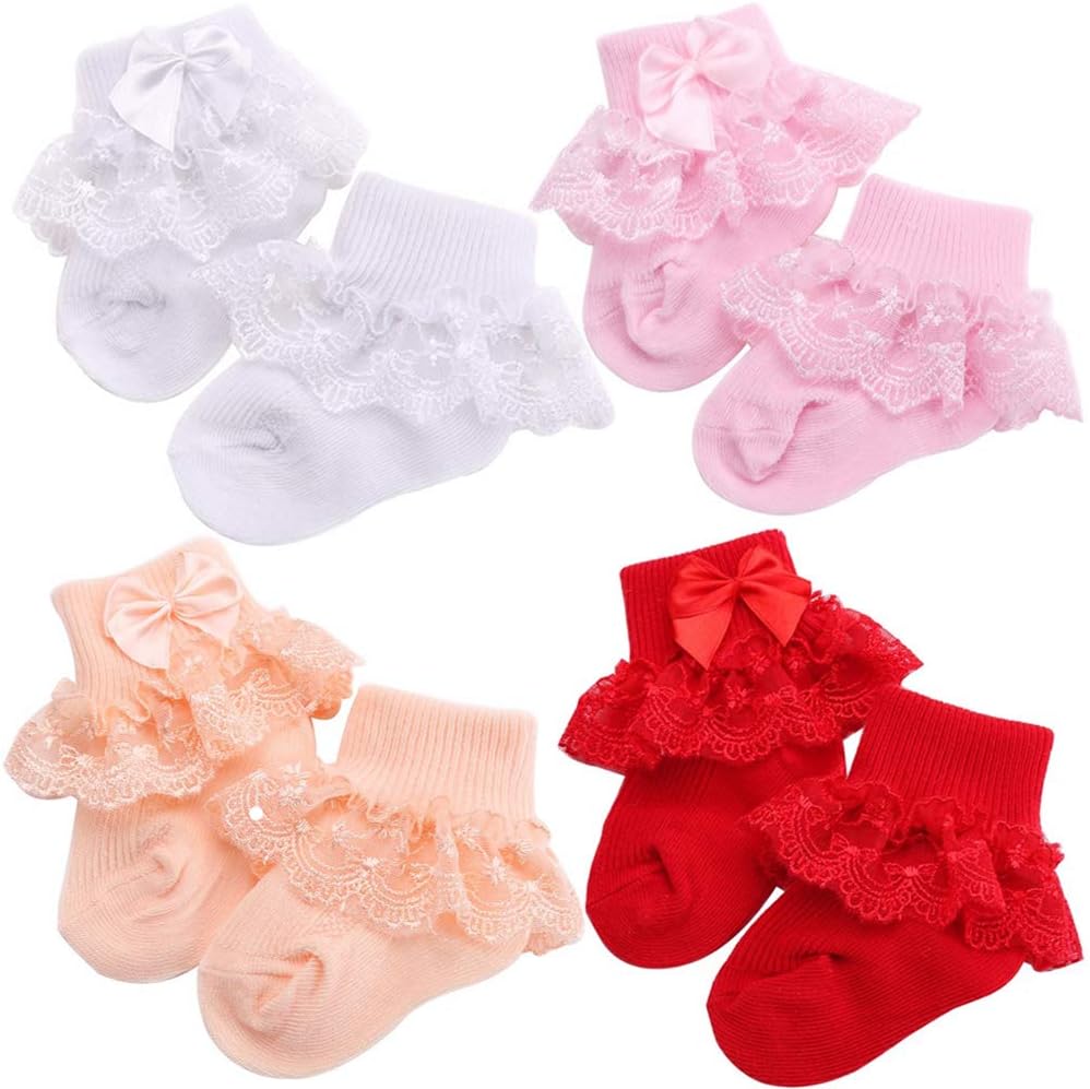 Acfun4 Pairs Eyelet Frilly Bow Lace Ruffles Baby Socks Newborn Cotton Baby Girls Sock Cute Newborn Toddler Infant Kids Socks Bowknot Party School Princess Stockings Baby Accessories