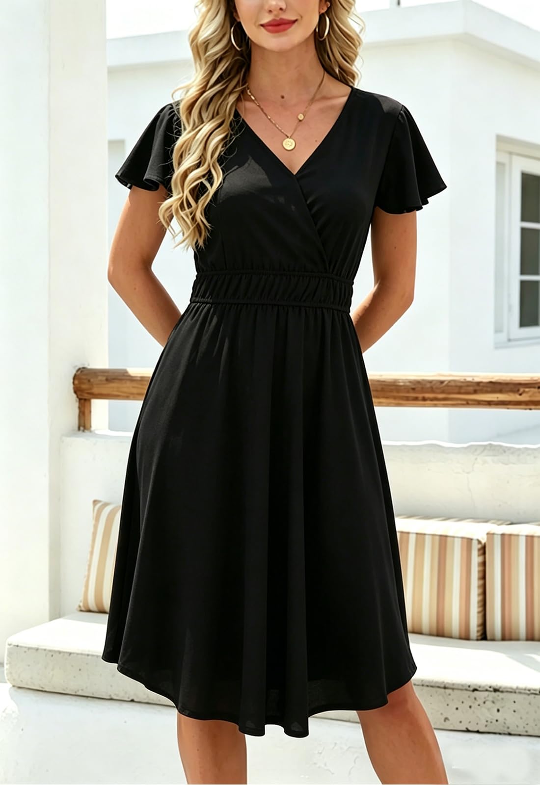 JayscreateEU Robe d'été longue pour femme - Avec poches - Col en V - Manches courtes - Élégante robe tunique - Robe trapèze