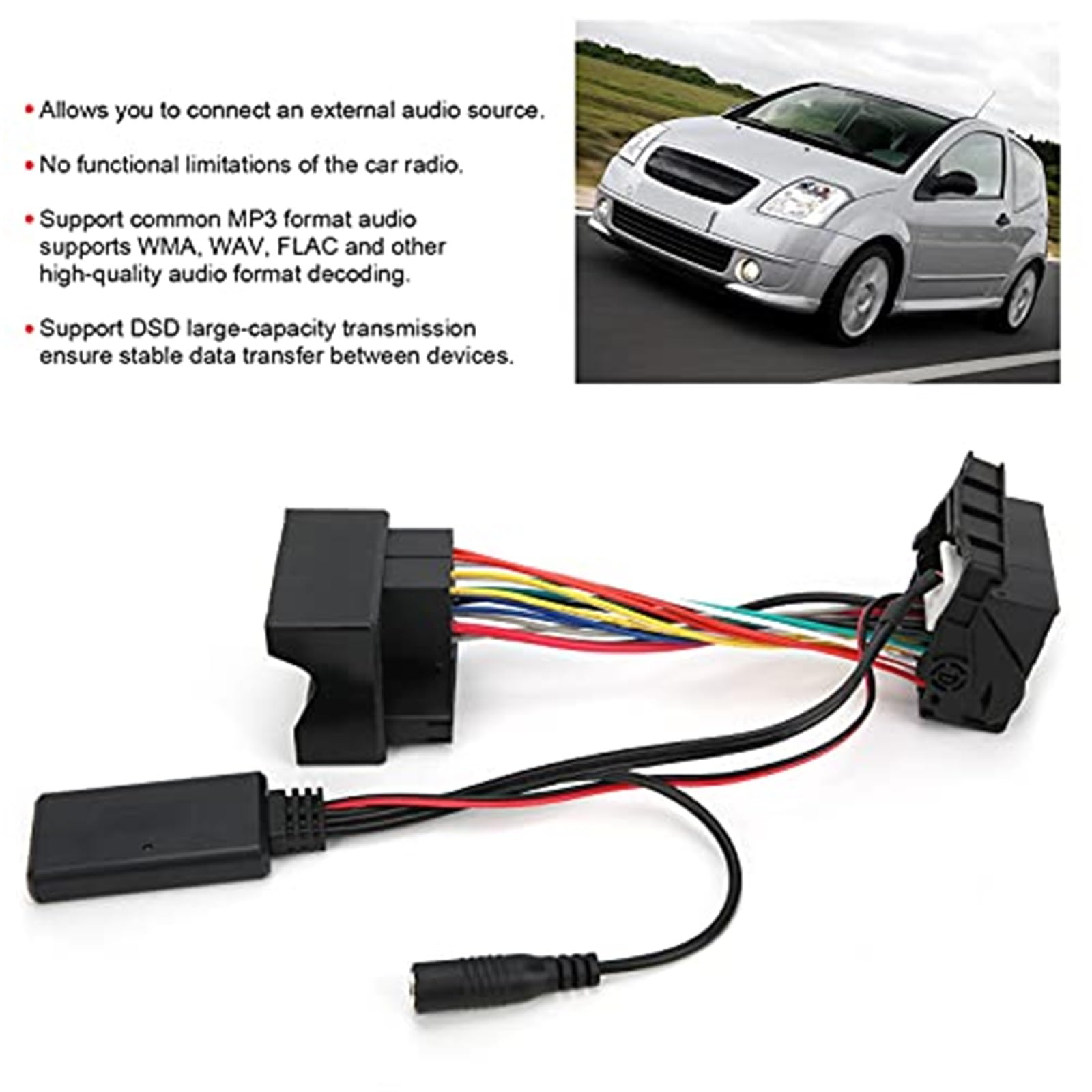 Cable Bluetooth, adaptador Bluetooth, cable Bluetooth de 12 pines y 12 V, adaptador de audio estéreo ABS con micrófono de repuesto, for Peugeot 207, 307, 407 y 308 Adaptador de micrófono de au