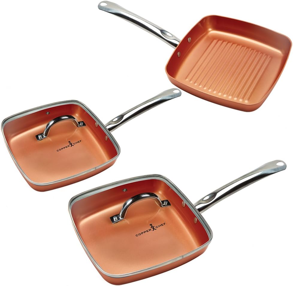 Copper Chef Non-Stick Square Fry Pan 5-Piece Set, 8 Inch Griddle Pan, 9.5 Inch Grill Pan, 11 Inch Griddle Pan, 9.5 Inch Lid, 11 Inch Lid