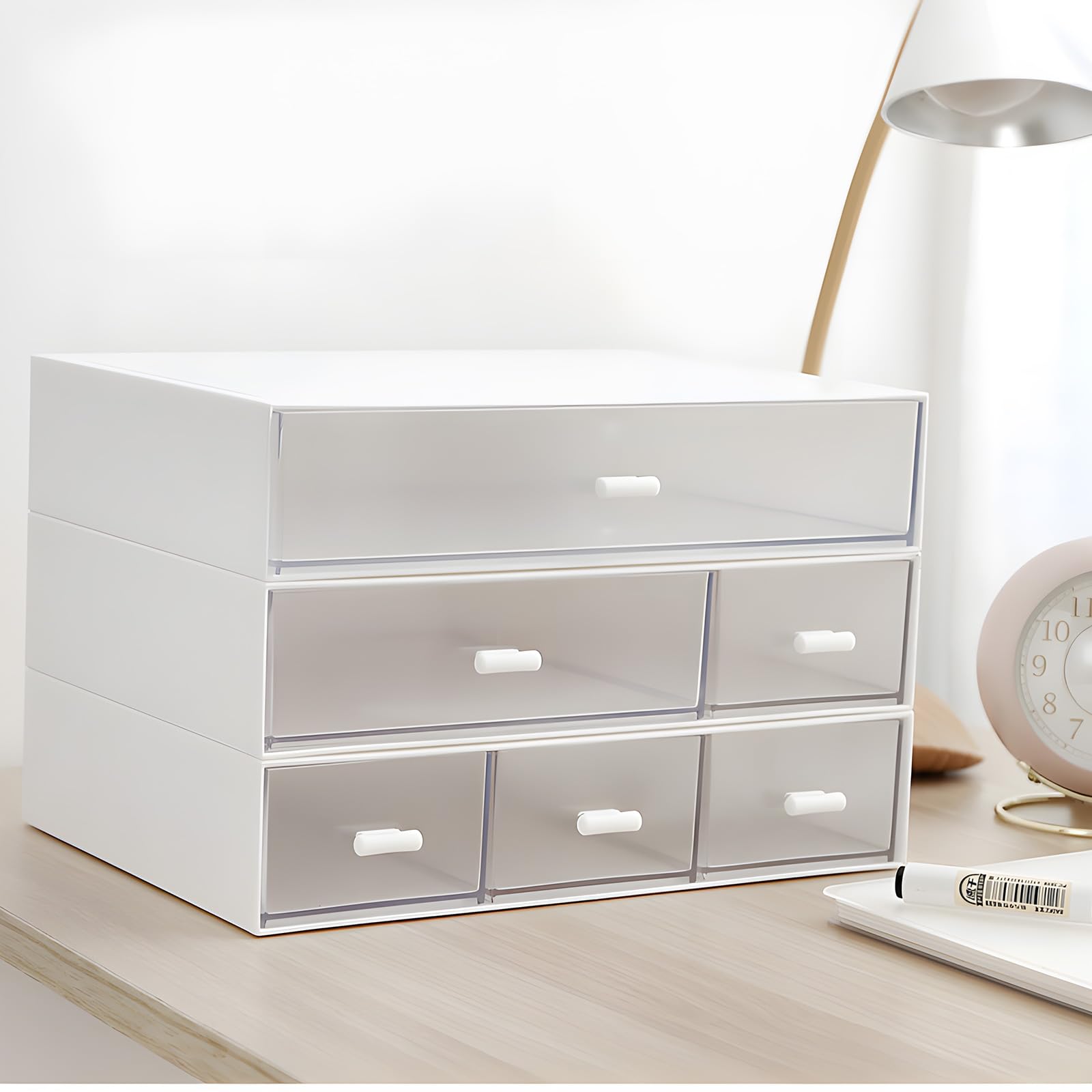 Schreibtisch-Organizer, stapelbare Organizer, Schreibtisch-Schubladen, Kunststoff-Aufbewahrungsbox, Schublade für Sammlung, kleine Gegenstände, Kosmetik, Büro-Organisation, 6 Schubladen, Weiß, große