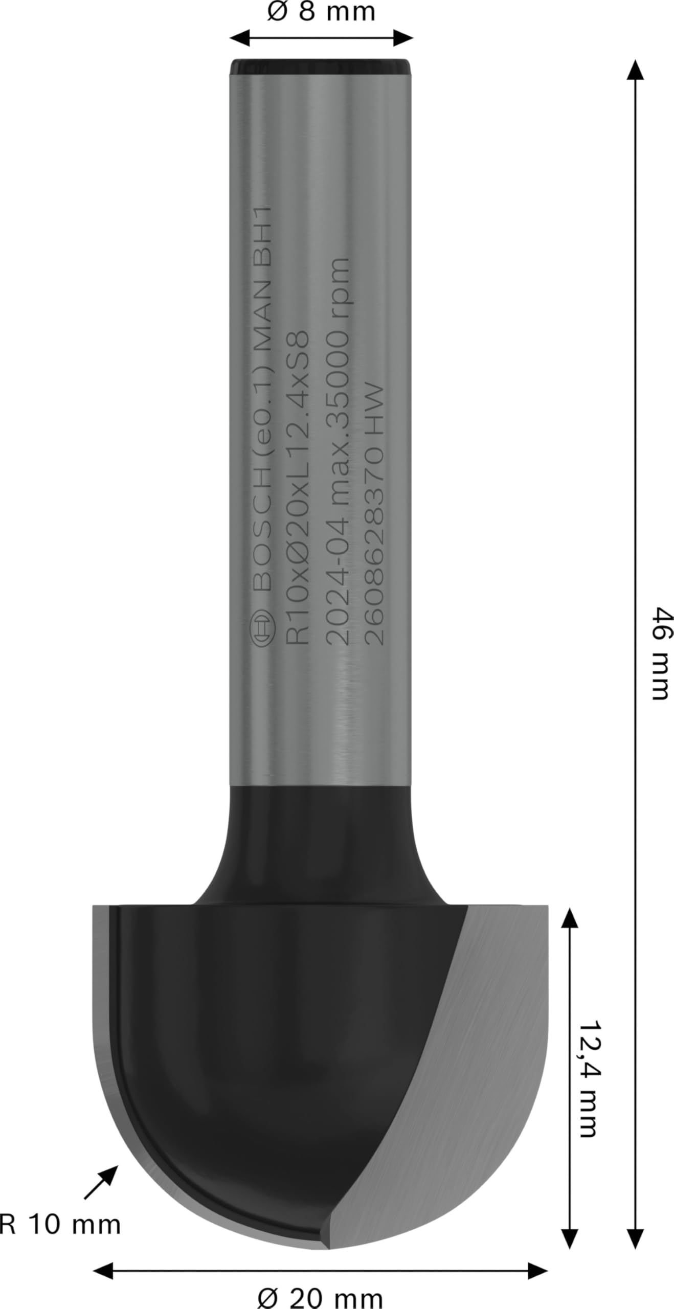 Bosch aksesuarı 2608628370 oyuklu freze Ç 8 mm, R1 10 mm, Çap 20 mm, L 12,7 mm, G 46 mm