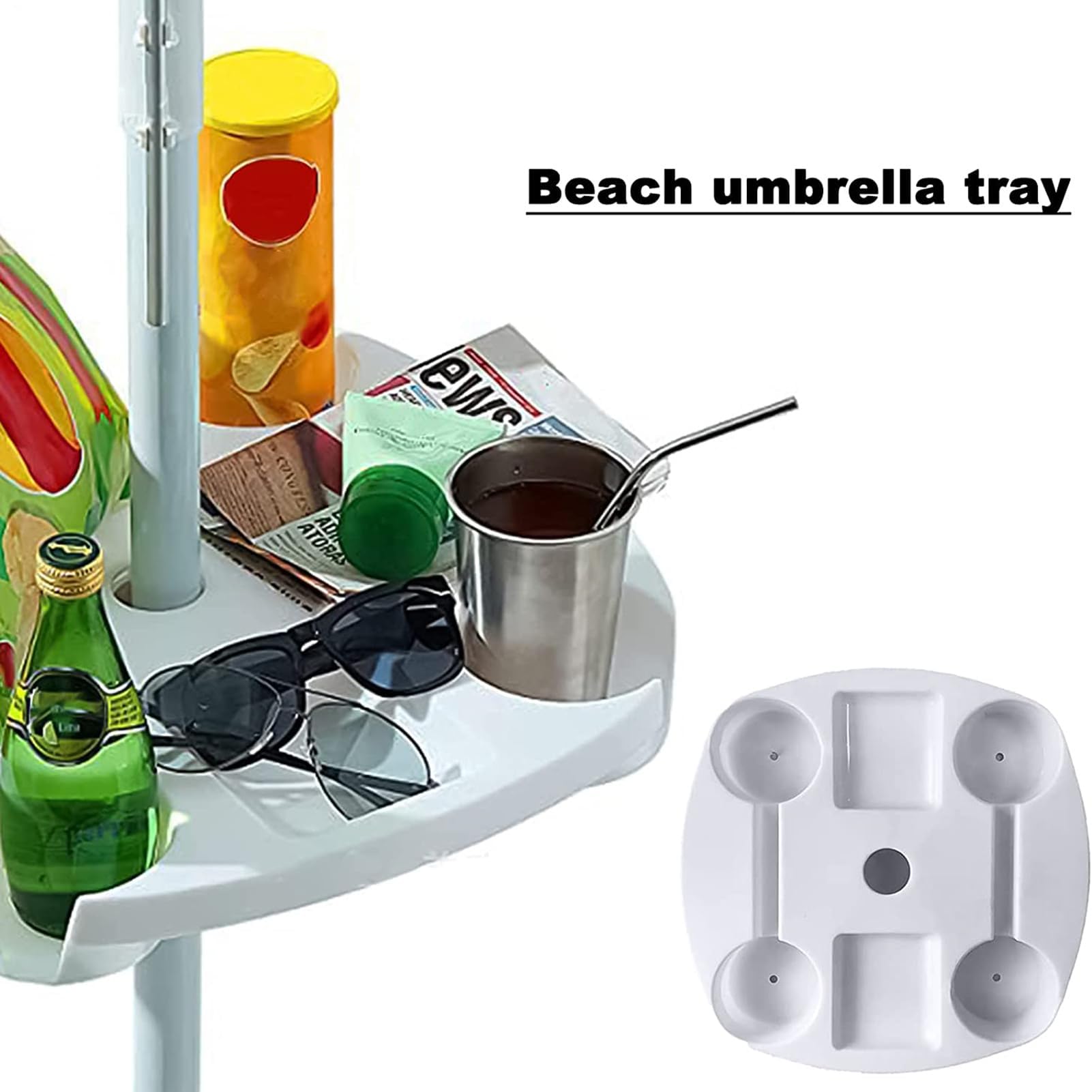 Mesa de sombrilla de playa con soporte extraíble de 14.5 pulgadas, soporte multiusos para tazas, bandeja de alimentos, base de montaje estable, accesorio al aire libre para picnics y camping