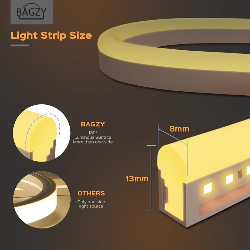 BAGZY Neon LED Szalag 50m - Kültéri Vízálló 230V Fehér Világítás, 120 LED/m, Hajlítható Dekorációs Fényfüzér Karácsonyra, Partikra, Tápegysé