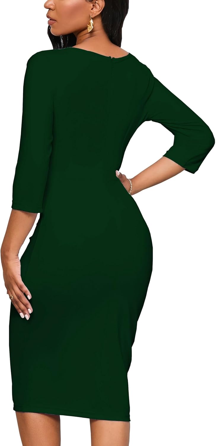 Bdwinz Fitted Work Dresses for Women 3/4 Sleeve Bodycon Ruffle Vintage Pencil Midi Dress - Image 2