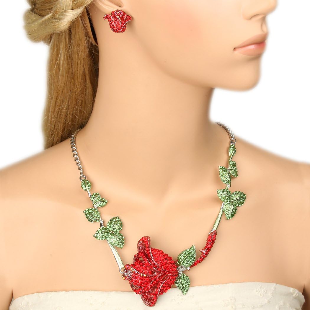 EVER FAITH Austrian Crystal Rose Flower Leaf Necklace Stud Earrings Set Silver-Tone