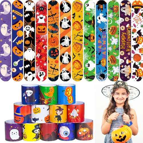 UMEMAXSO 48 Pcs Halloween Slap Bracelets 12 Styles for Halloween Party Favors Assorted Bulk Pumpkin Zombie Witches Snap Bracelet Wristbands for Kids Halloween Party Gift Bag Filler Supply