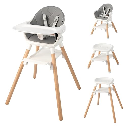 BABY JOY Silla alta para bebé, silla alta convertible 6 en 1 de madera para bebés y niños pequeños con patas ajustables, doble bandeja extraíble,
