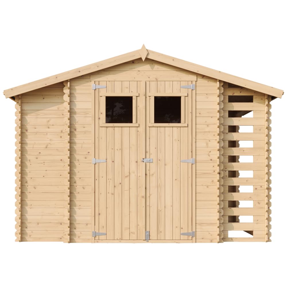 Holzhaus Gartenhaus mit Brennholzschuppen TIMBELA M389 - Gartenschuppen Holz B328xL206xH218 cm/ 3,53 + 0,97 + 0,97 m2 Lagerschuppen für Garten - Fahrrad Schuppen - Wasserfestes Dach