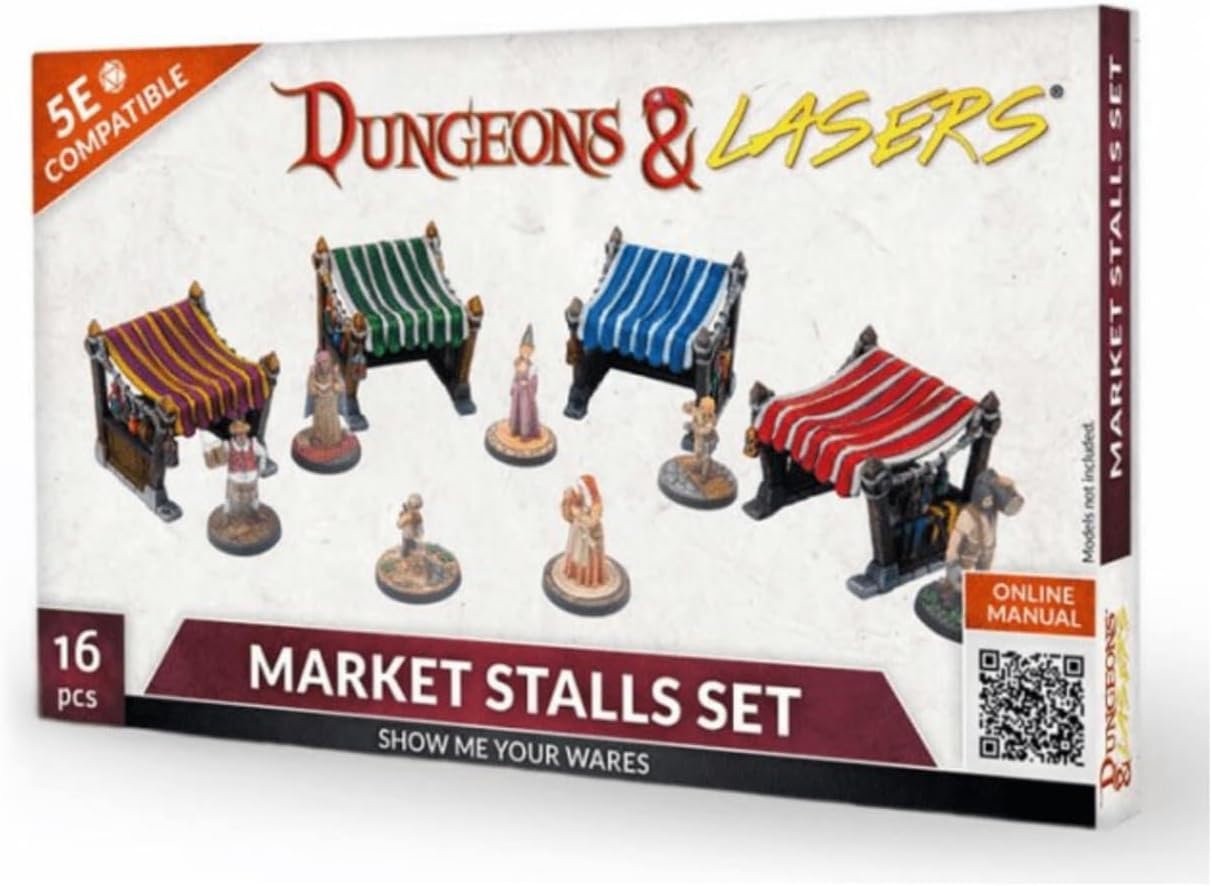 Dungeons & Lasers: Market Stalls Set - 16 Piece Modular Design - RPG Terrain for DND and 5E Compatible Tabletop Games - Fits 28/32mm Scale Miniatures - Unpainted & Unassembled - Ages 14+