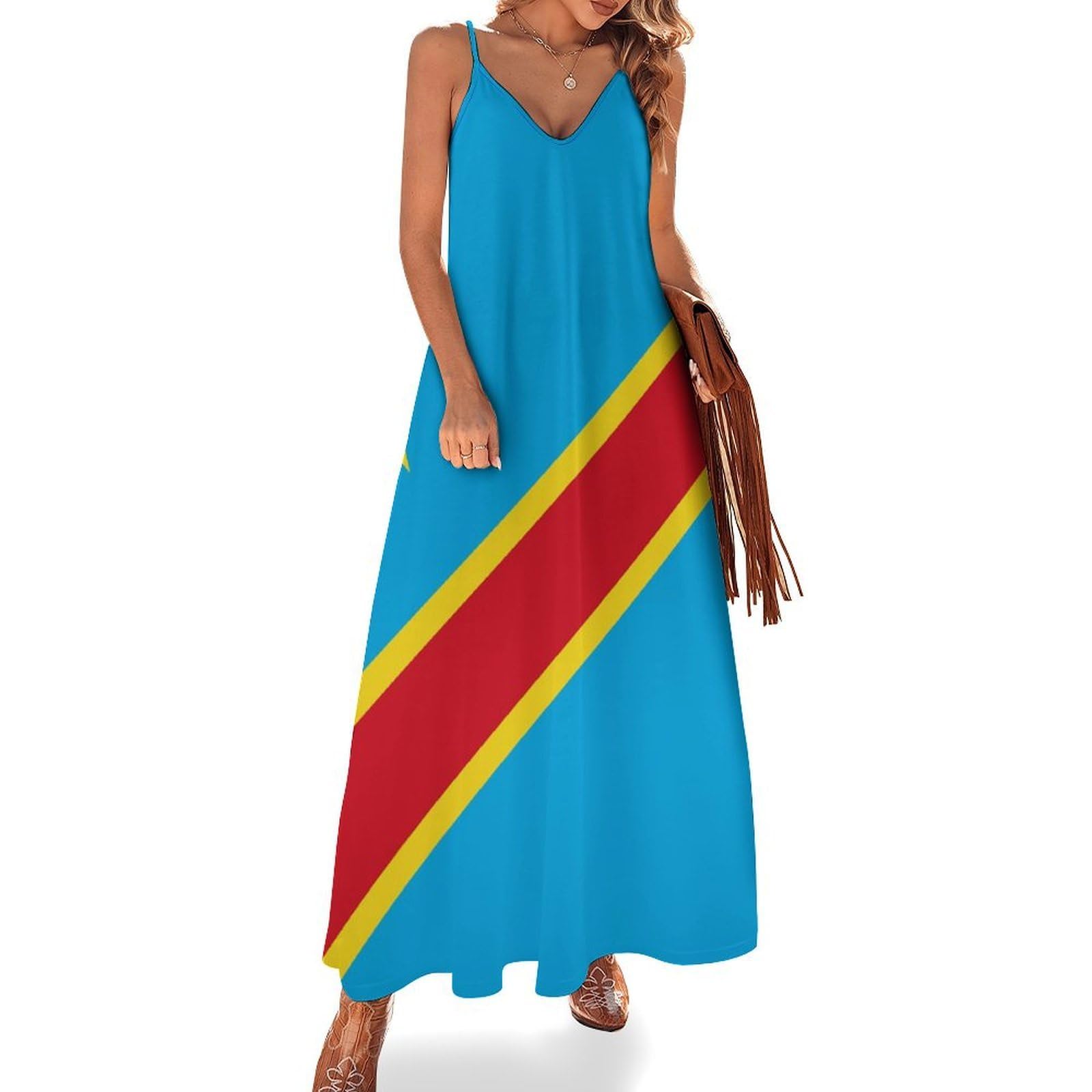 Robe longue femme boho ample fluide avec imprimé drapeau RDC unique - 8