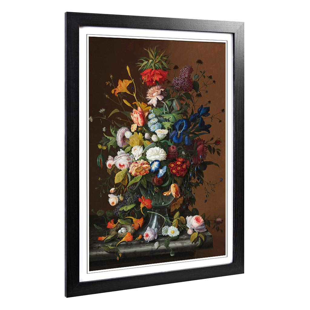 Big Box Art Framed Print of Severin Roesen Still Life Flowers and Birds Nest Design | Wall Art Picture| Home Decor for Kitchen, Living Room, Bedroom, Hallway, Black, A2 / 24.5x18 Inch / 62x45cm